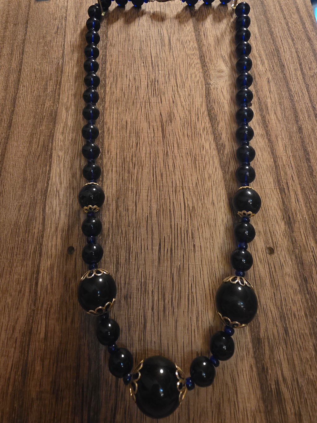 Vintage Cobalt Blue Glass Beaded Filigree Statement Necklace 23"
