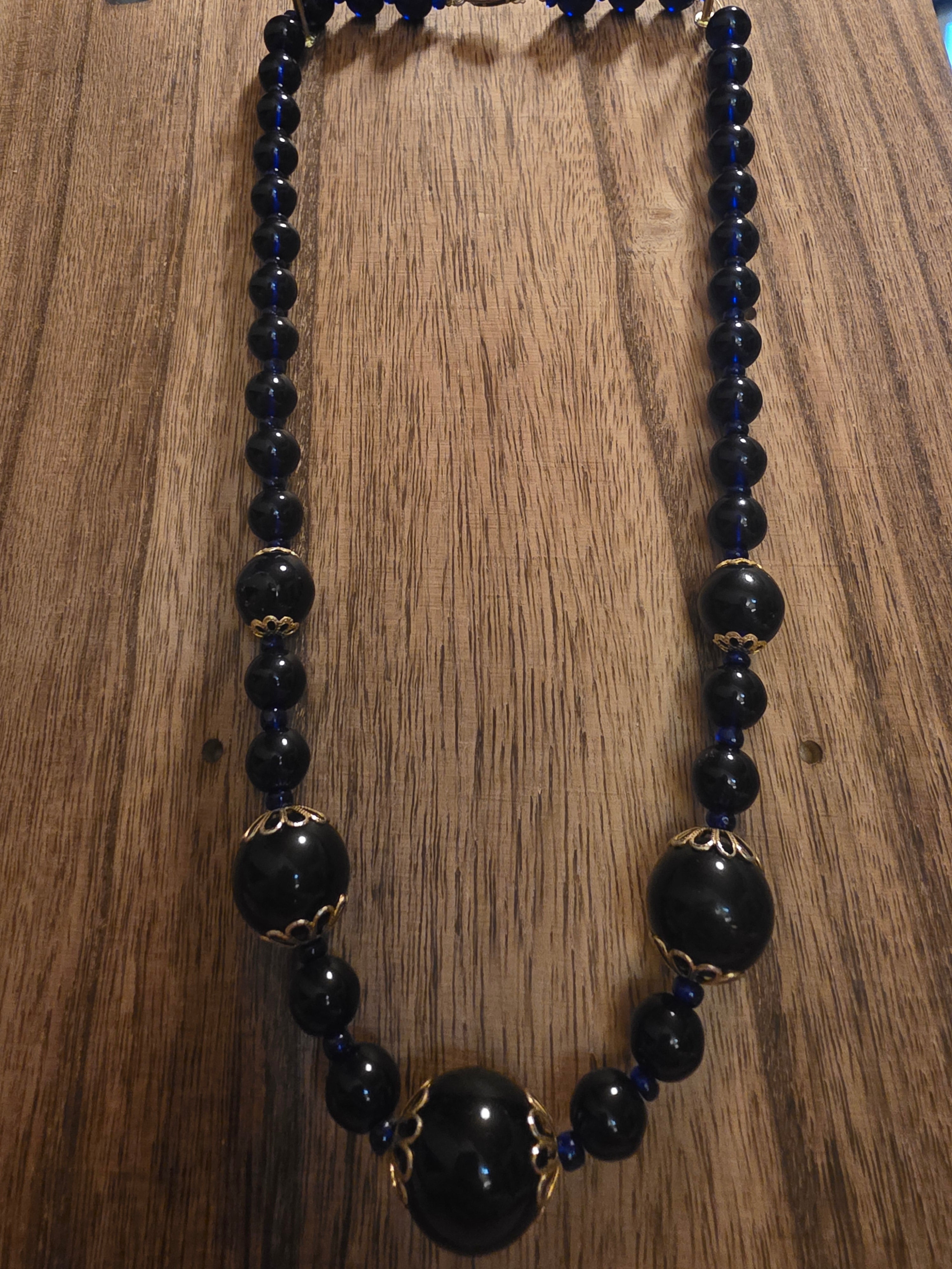 Vintage Cobalt Blue Glass Beaded Filigree Statement Necklace 23"
