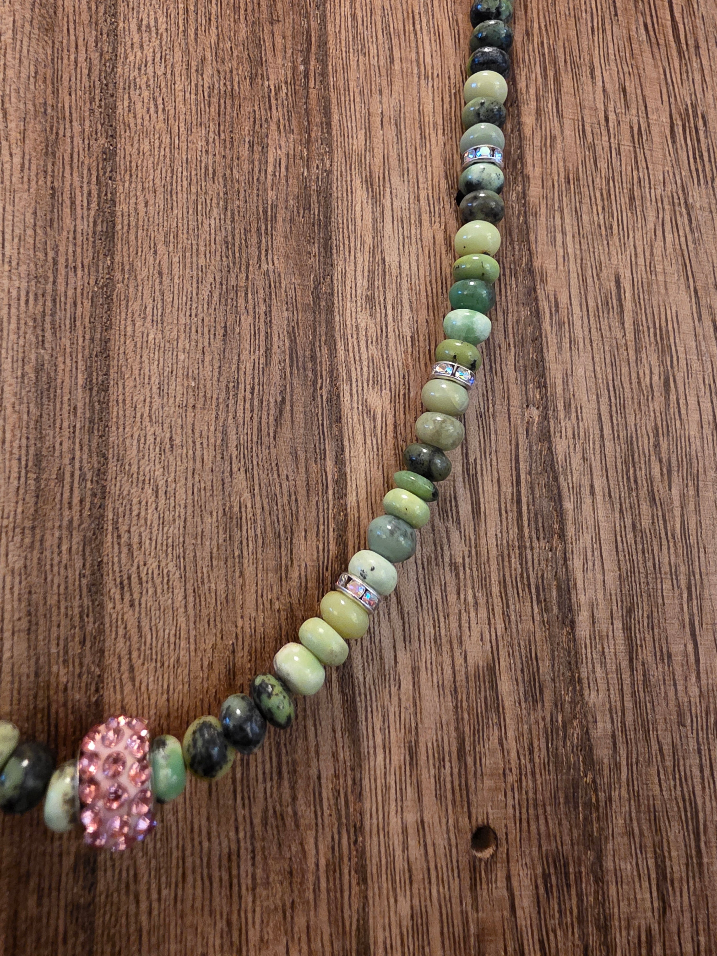 Vintage Green Opal Rondelle Necklace 18" Pink Crystal Statement