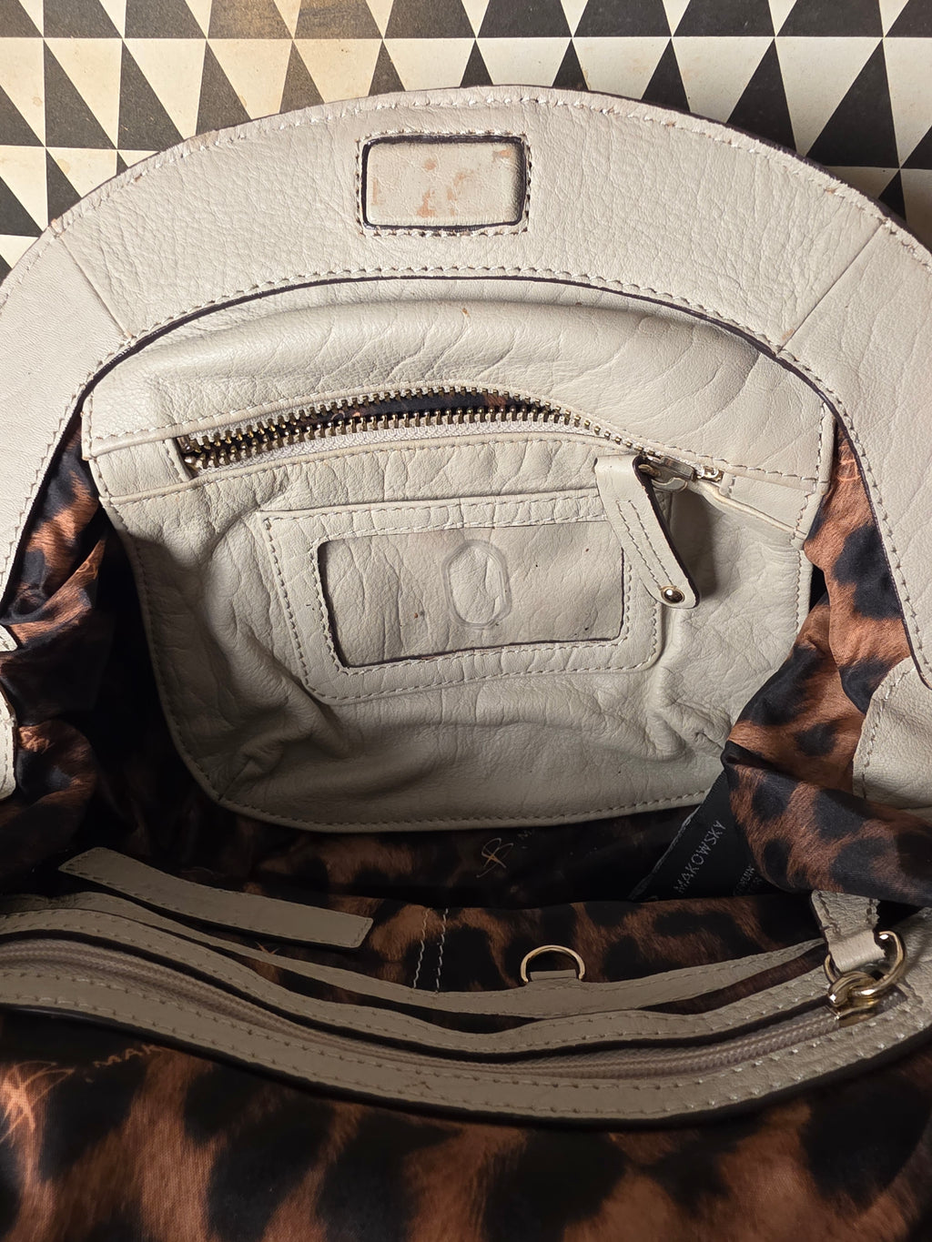 B. Makowsky Off White Leather Shoulder Bag Fringe Leopard