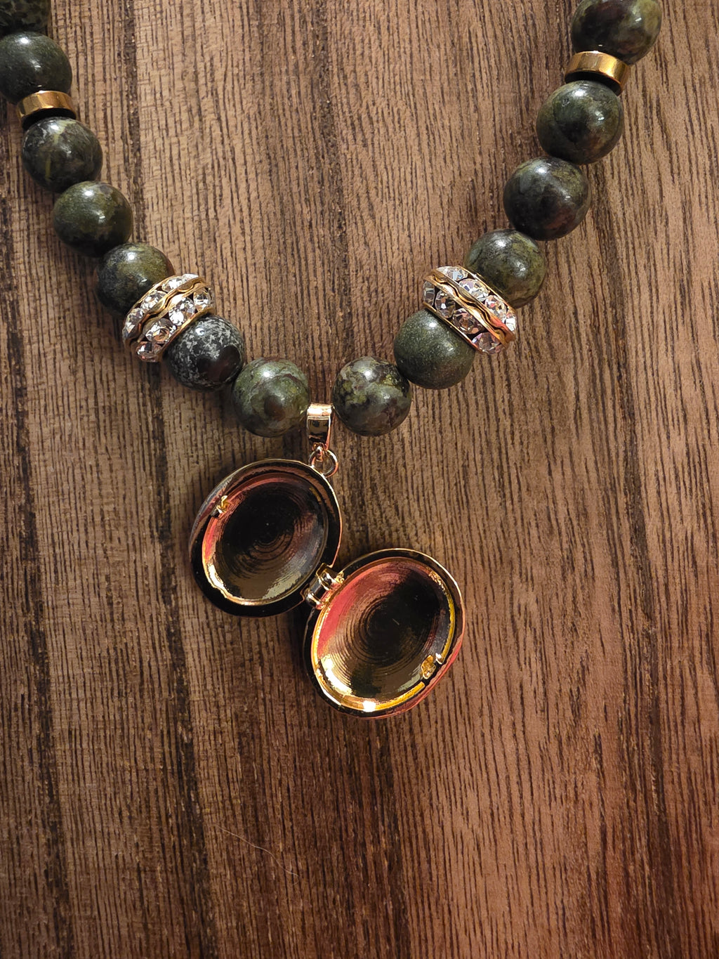 17" Green Epidote Necklace + 2" Ext w/ Floral Locket