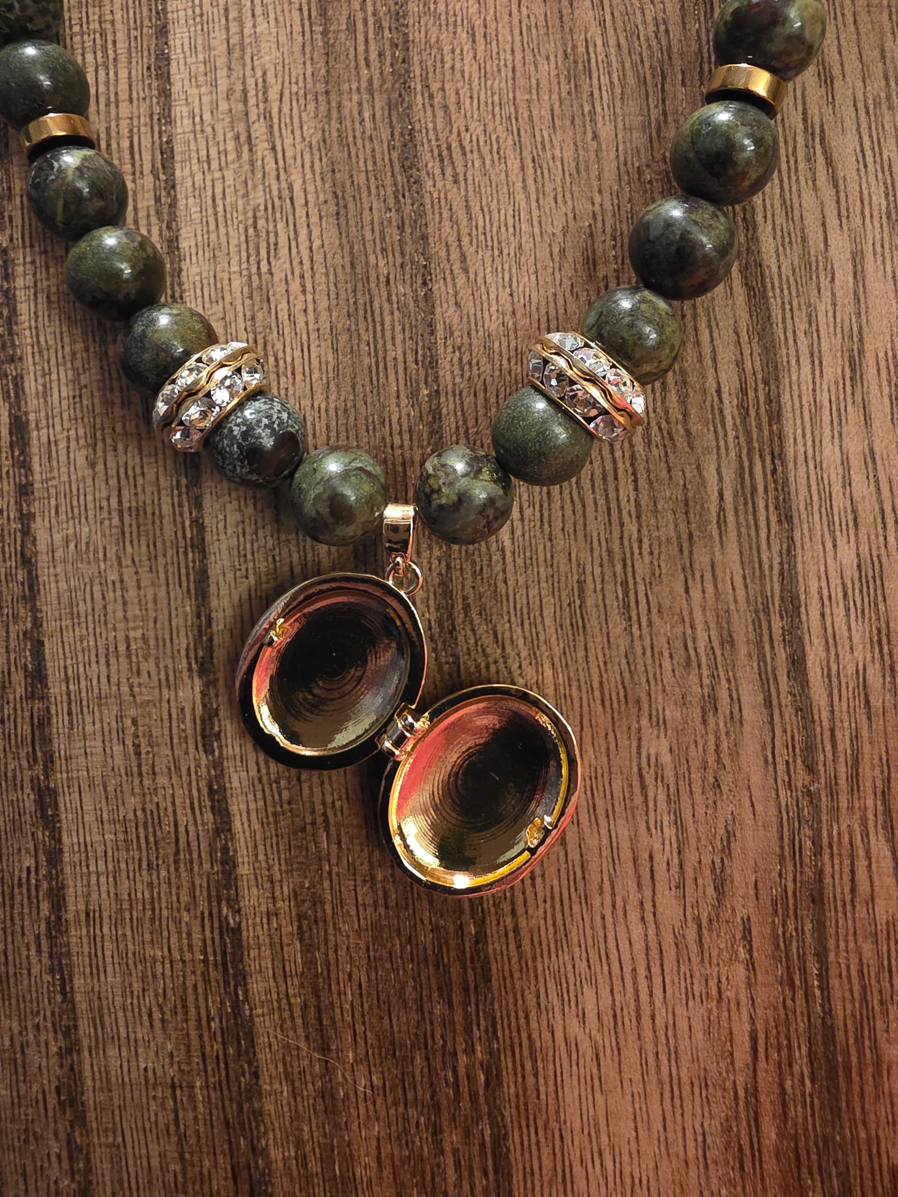 17" Green Epidote Necklace + 2" Ext w/ Floral Locket