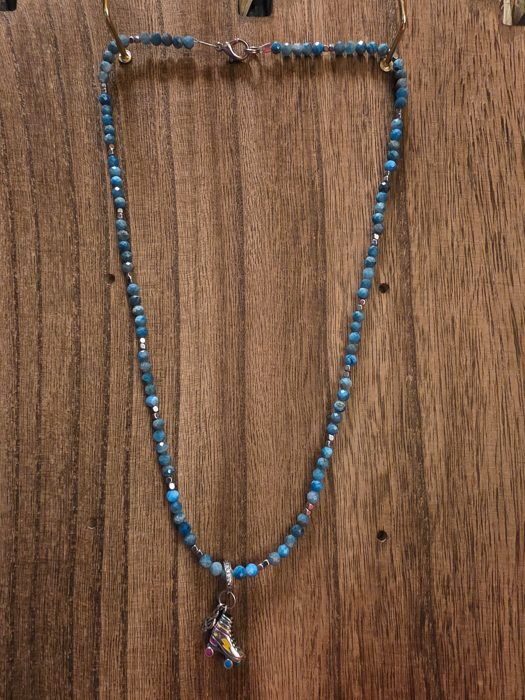Handmade Azurite Beaded Necklace 19" Retro Roller Skate Charm Blue