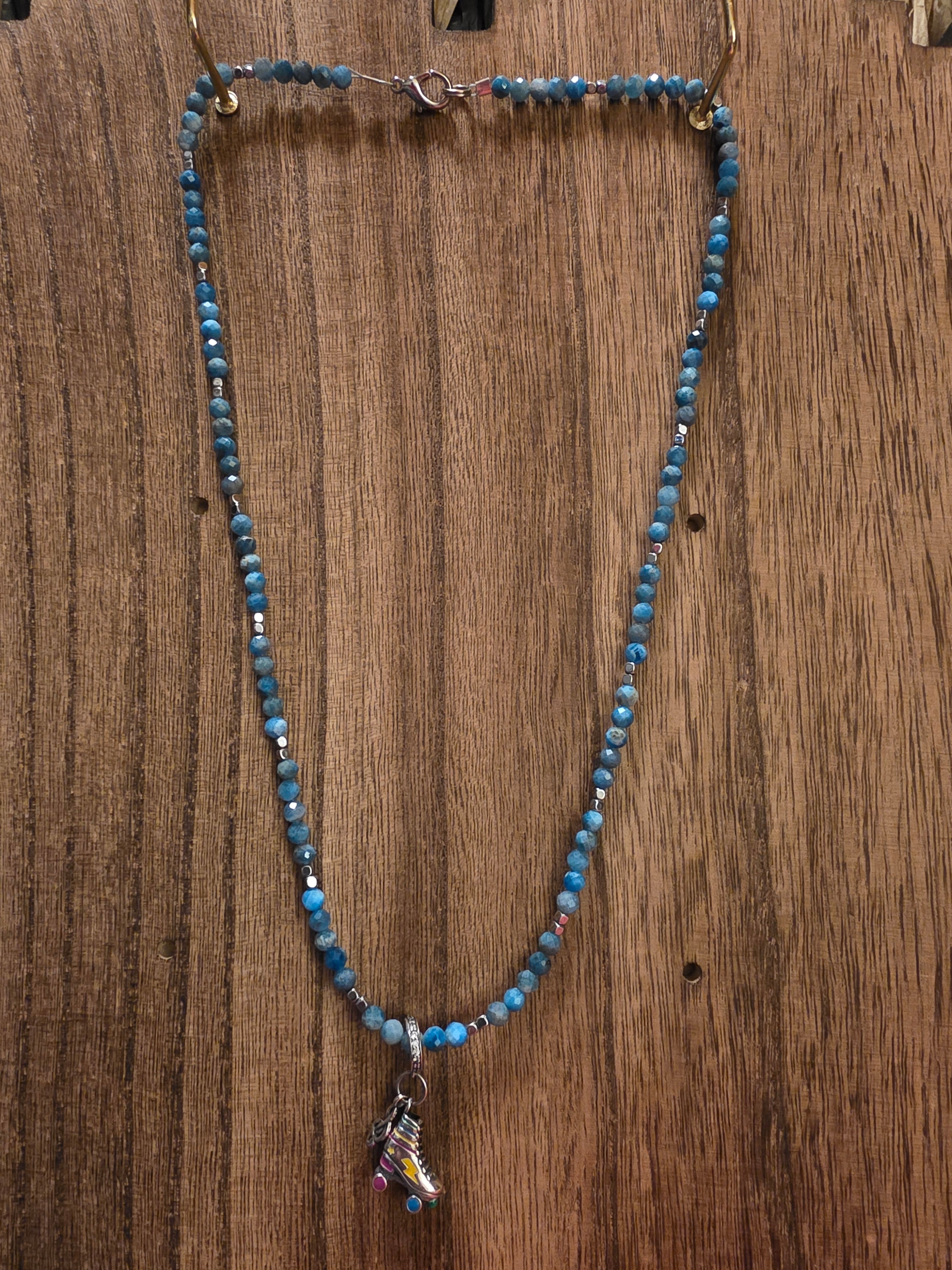 Handmade Azurite Beaded Necklace 19" Retro Roller Skate Charm Blue