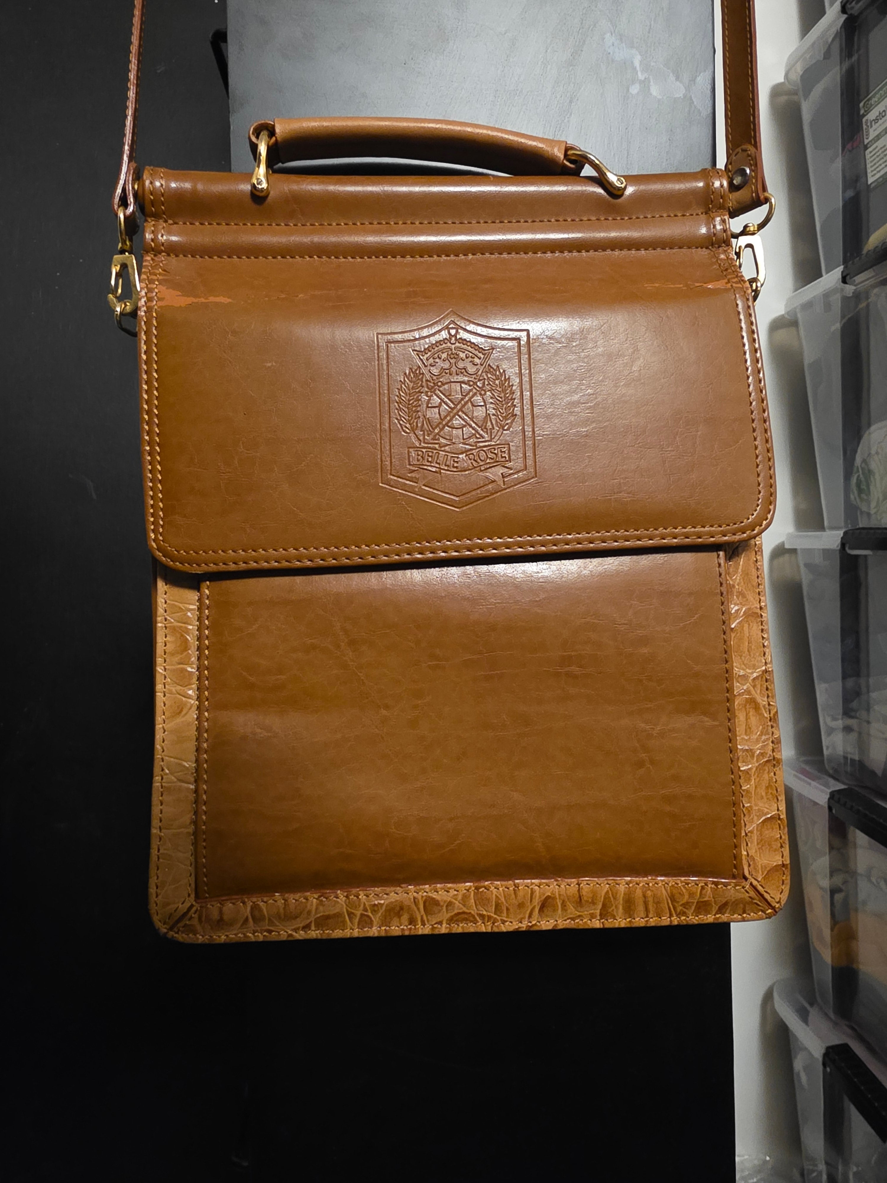 Vintage Belle Rose Warm Tan Leather Crest Crossbody Bag Briefcase