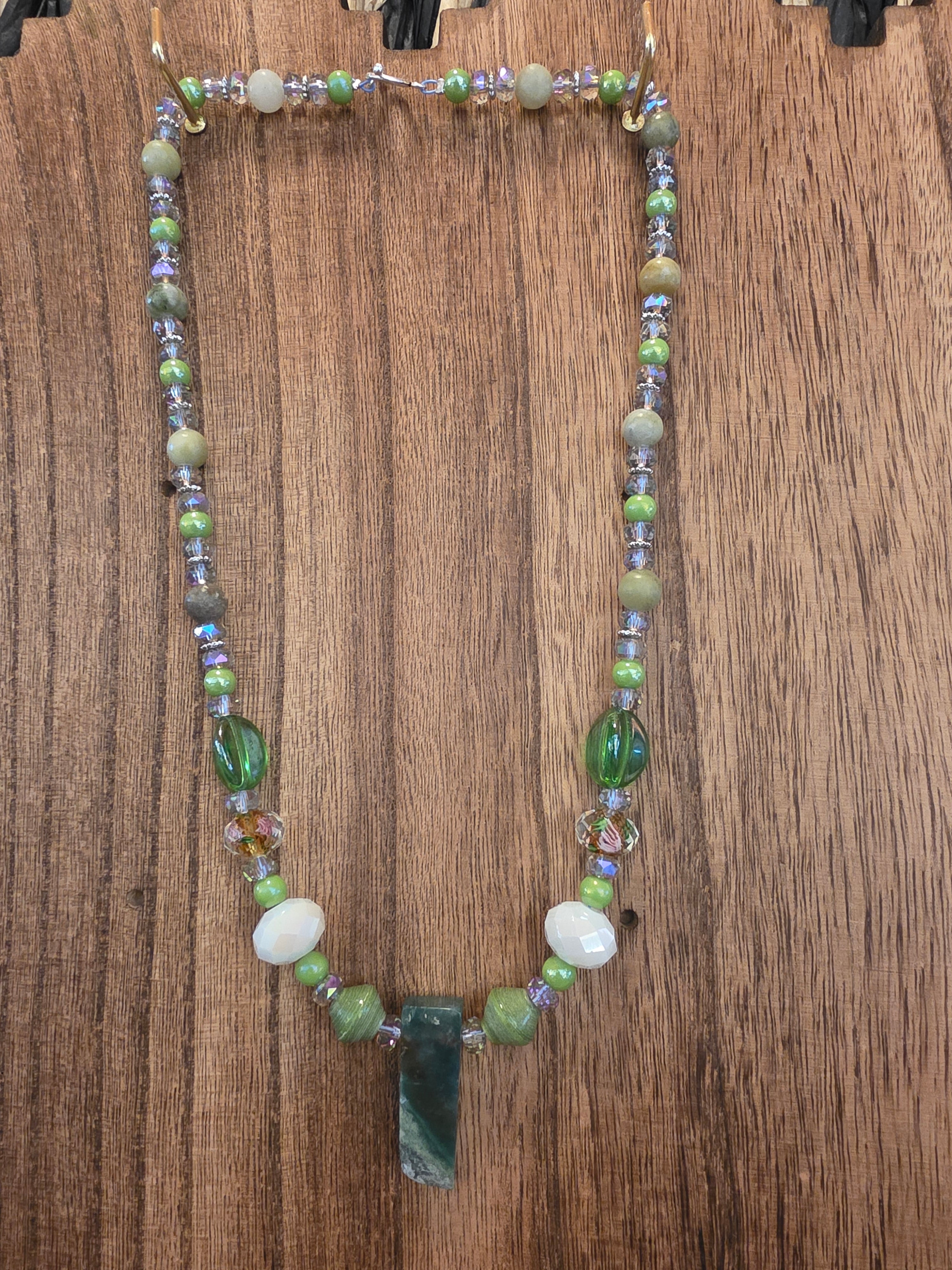 Moss Agate Slab Necklace Chinese Lampwork Roses & Jasper 21"
