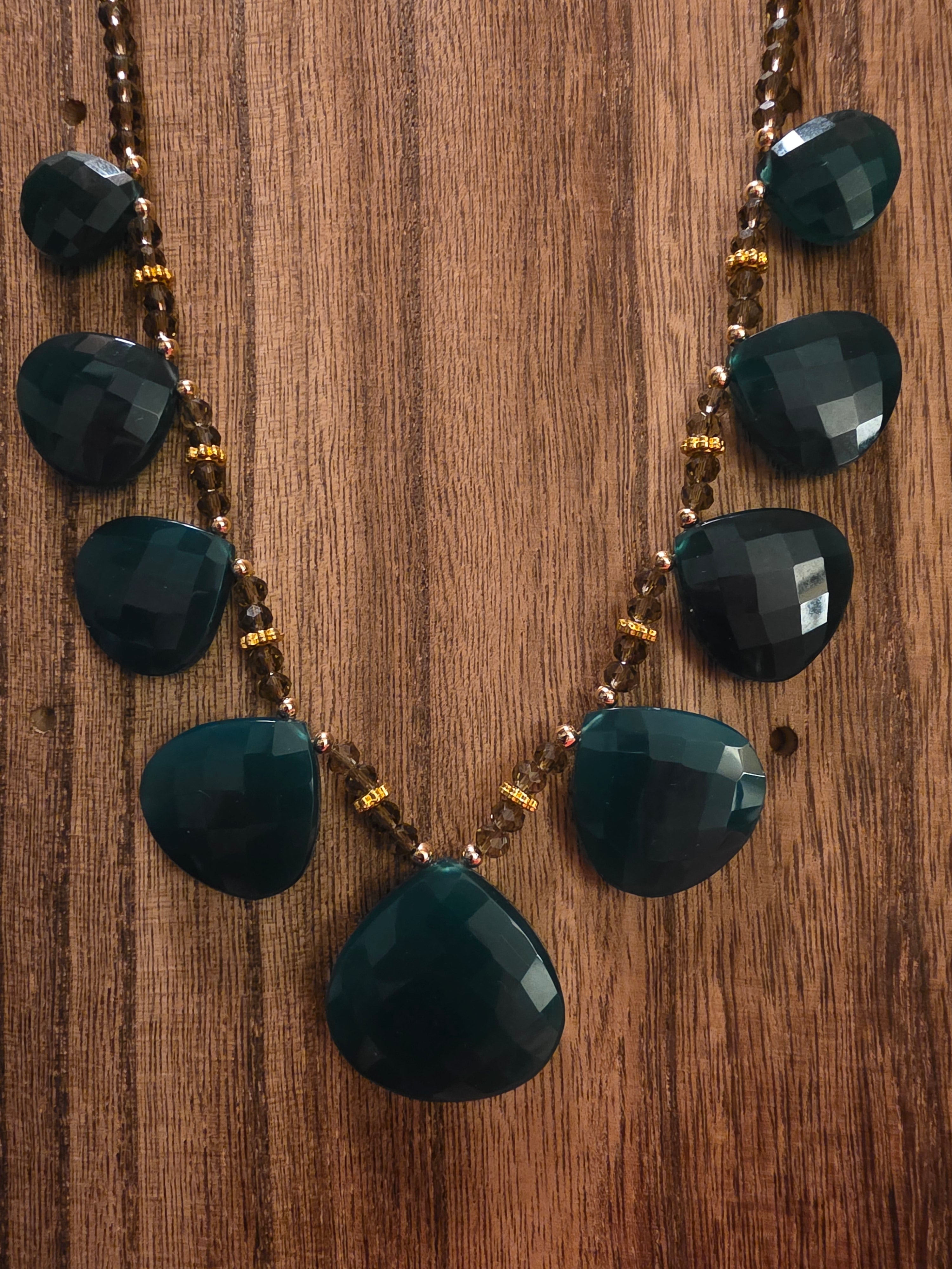 Faceted Smoky Quartz & Deep Teal Green Onxy Statement Necklace