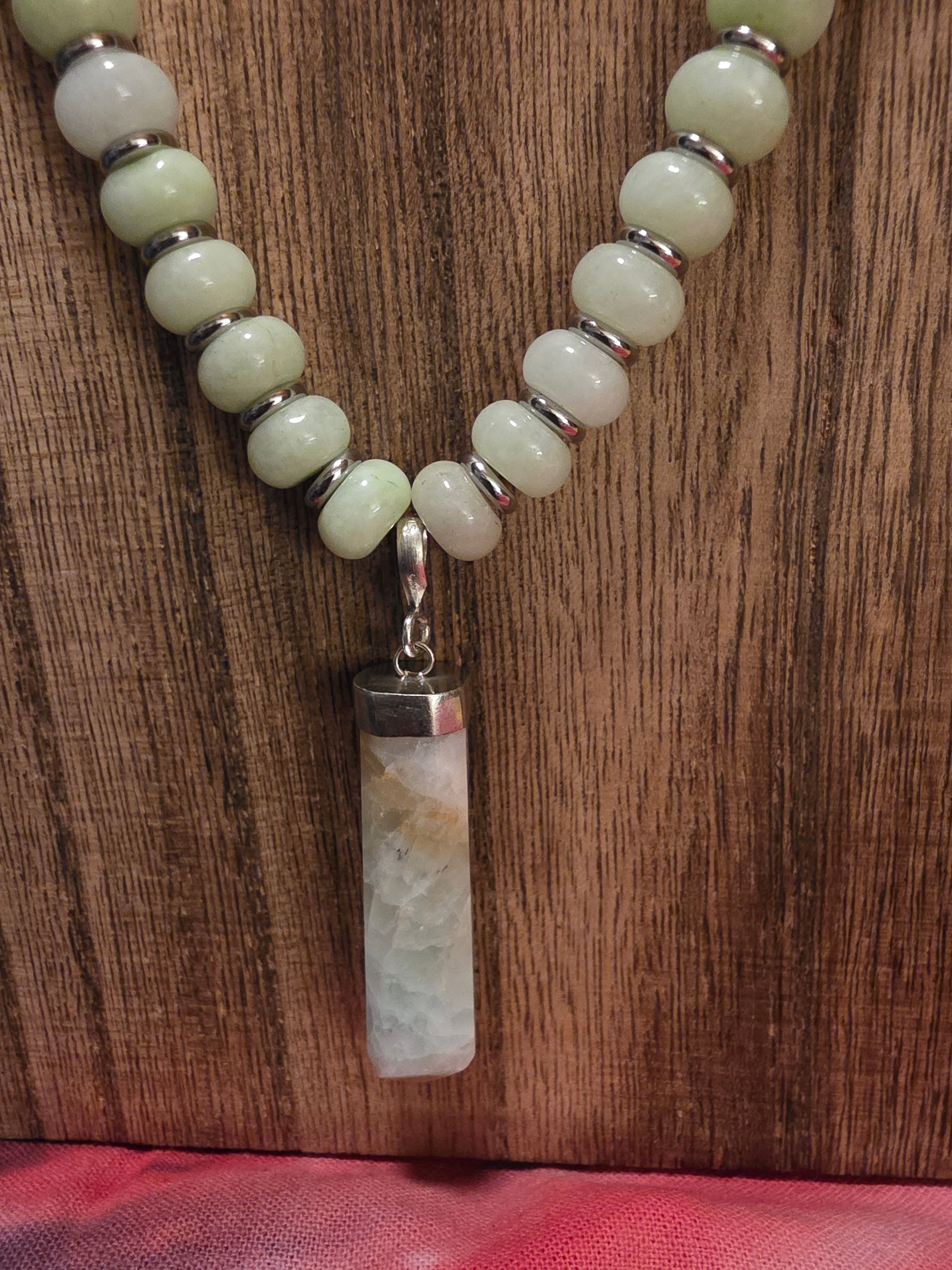 Handmade New Jade Beaded Necklace 21" Raw Quartz Crystal Point
