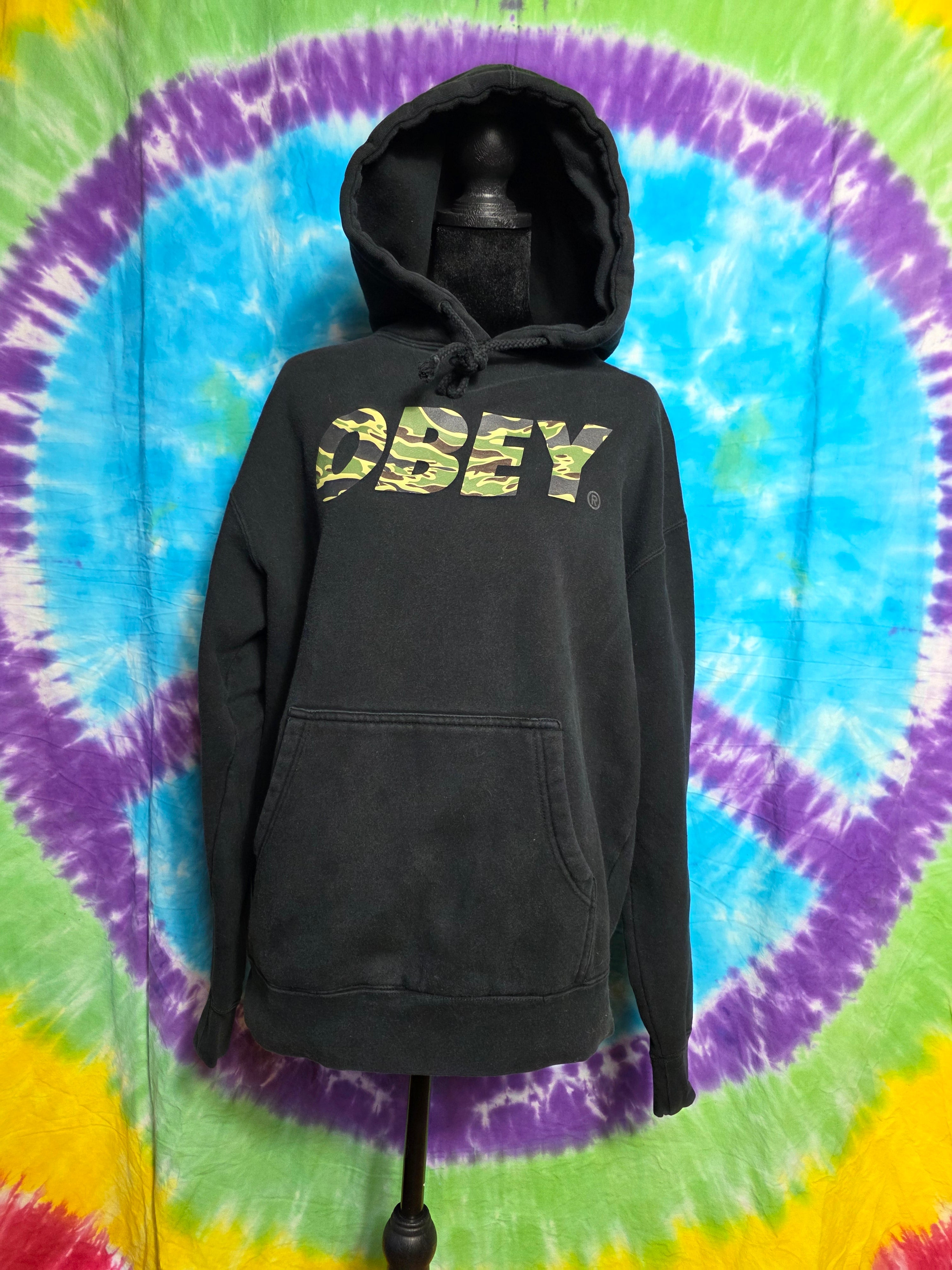 Obey Camo Logo Black Hoodie Sweatshirt Size Medium