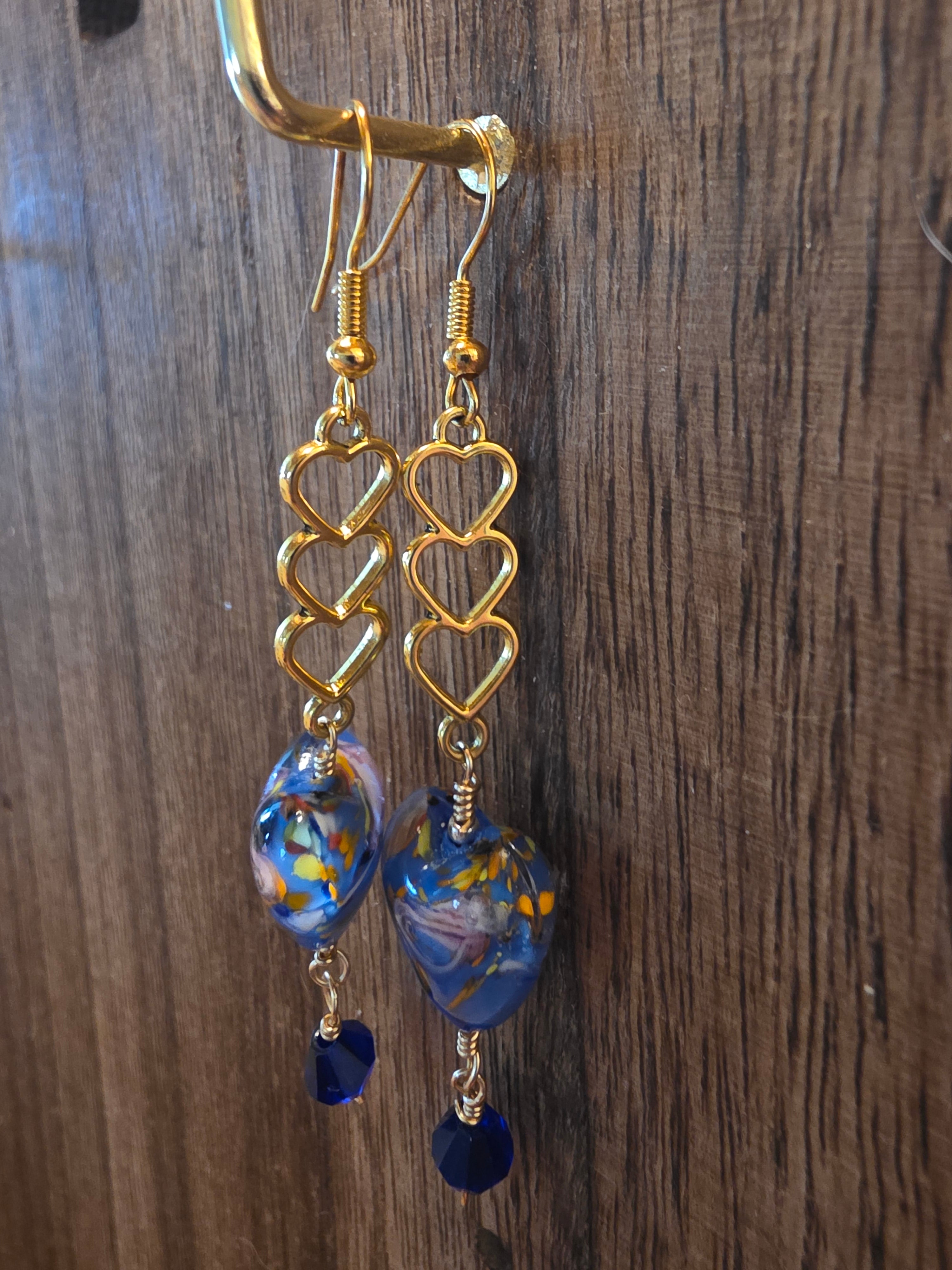 Blue Millefiori Heart & Gold Triple Heart Dangle Earrings