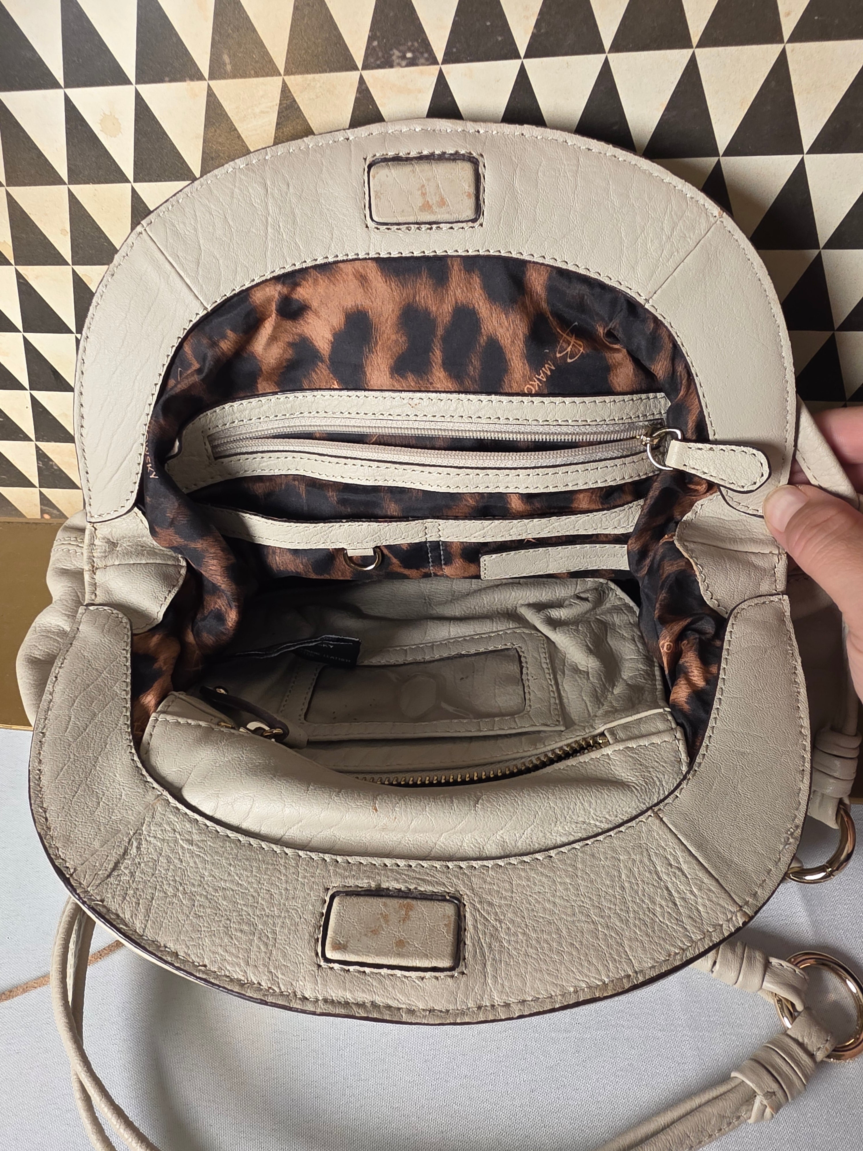 B. Makowsky Off White Leather Shoulder Bag Fringe Leopard
