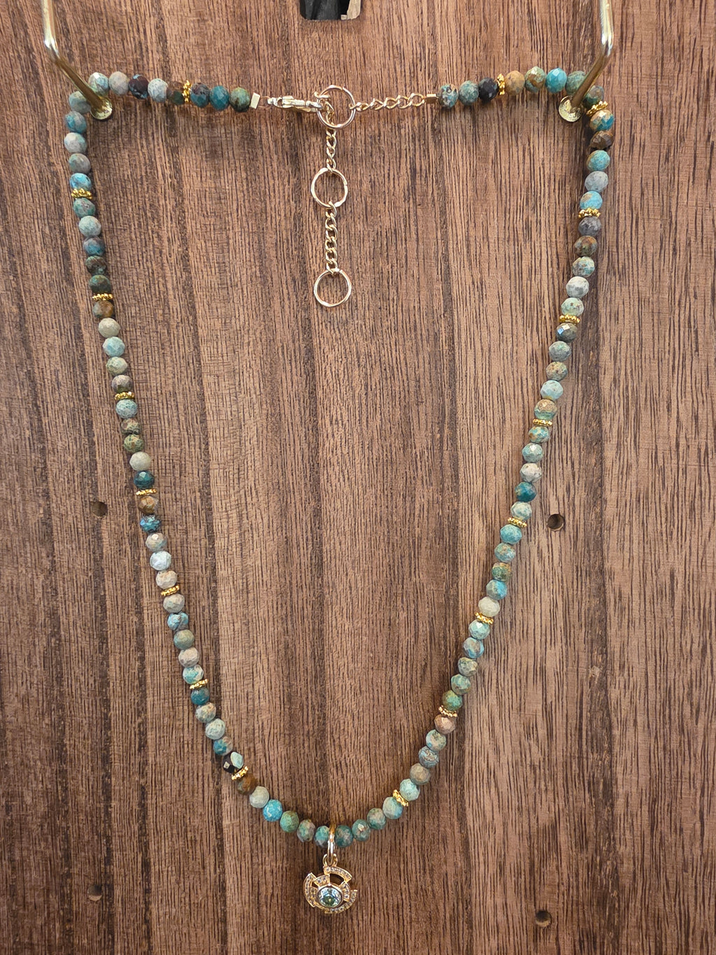 African Turquoise Faceted Beaded Necklace 17-19" Gold Tone Charm