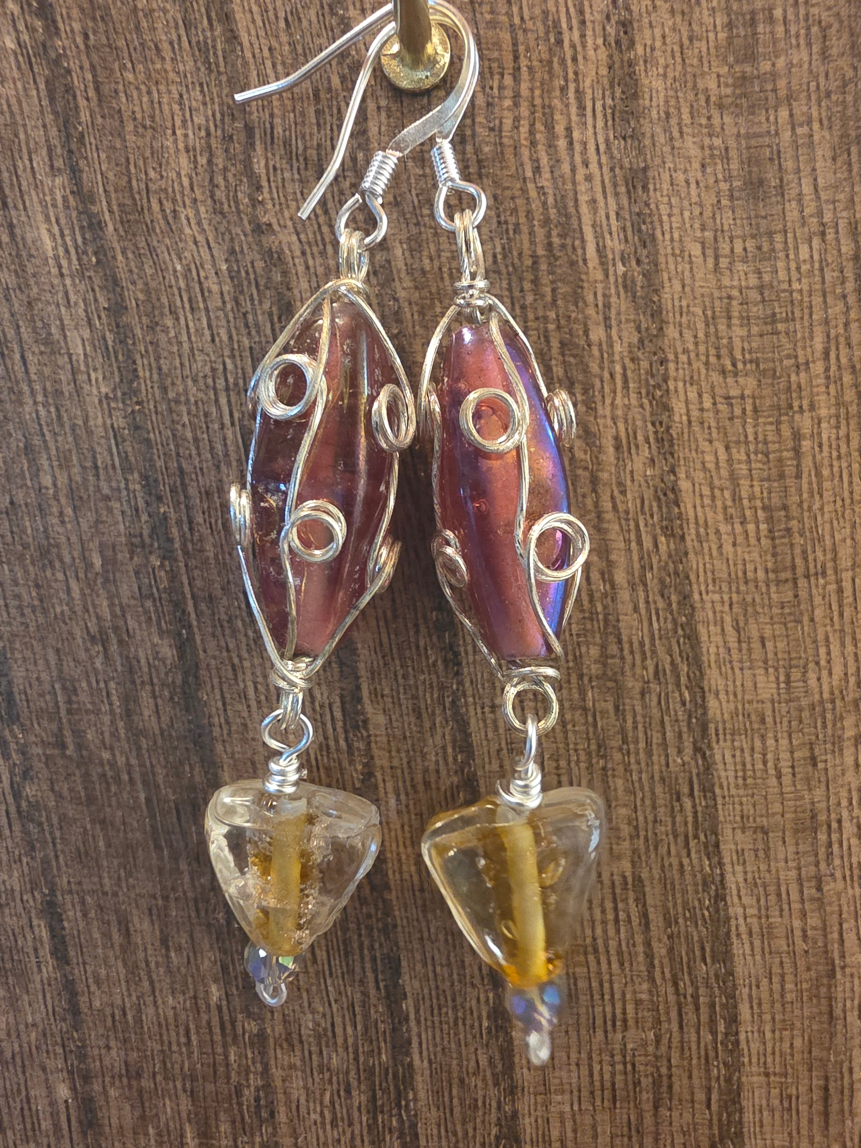 Vintage India Glass Wire Wrapped Statement Dangle Earrings
