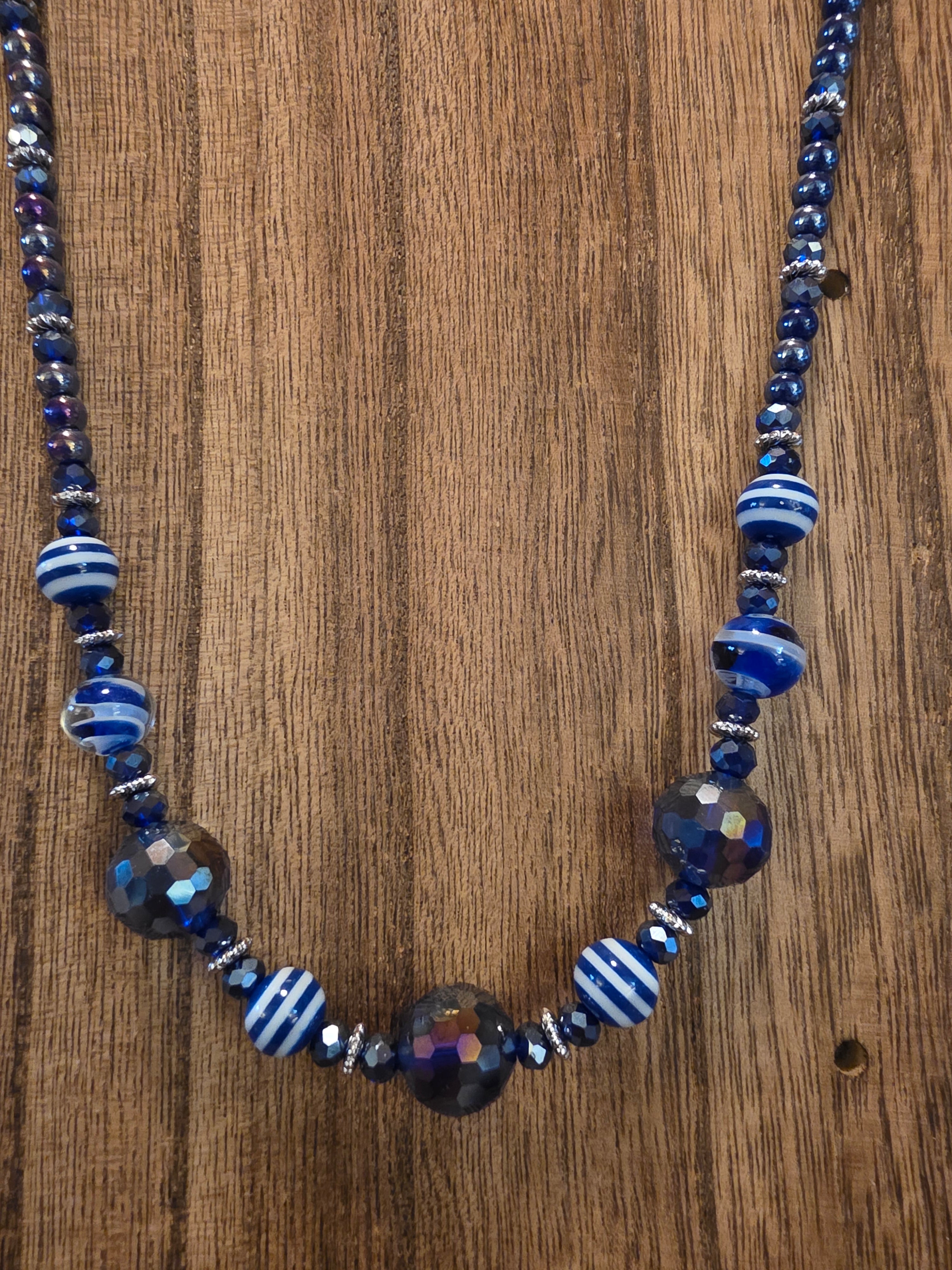 Cobalt Blue Iridescent Crystal & Striped Glass Beaded Necklace 19"