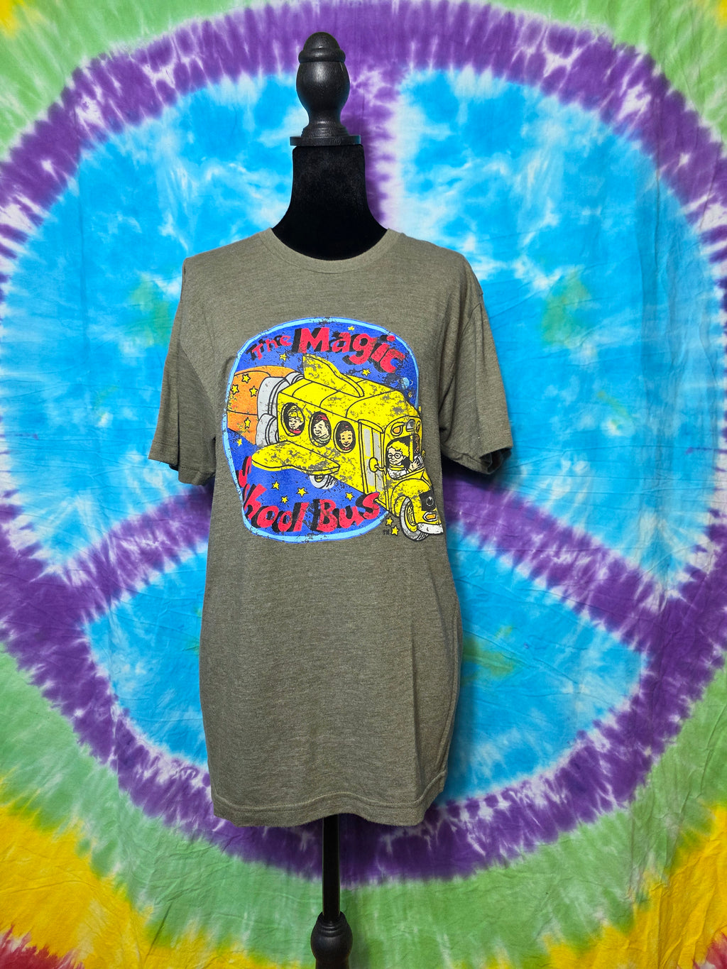 Vintage Magic School Bus Graphic T-Shirt Army Green Large