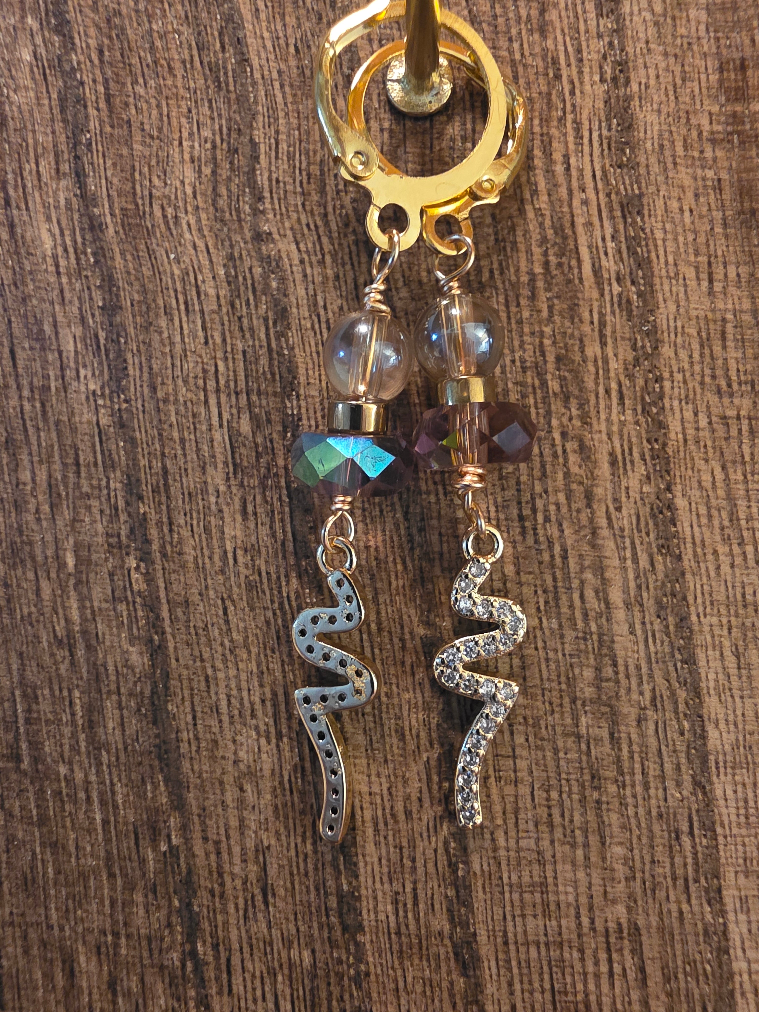 Gold Snake Dangle Earrings with Crystal Beads