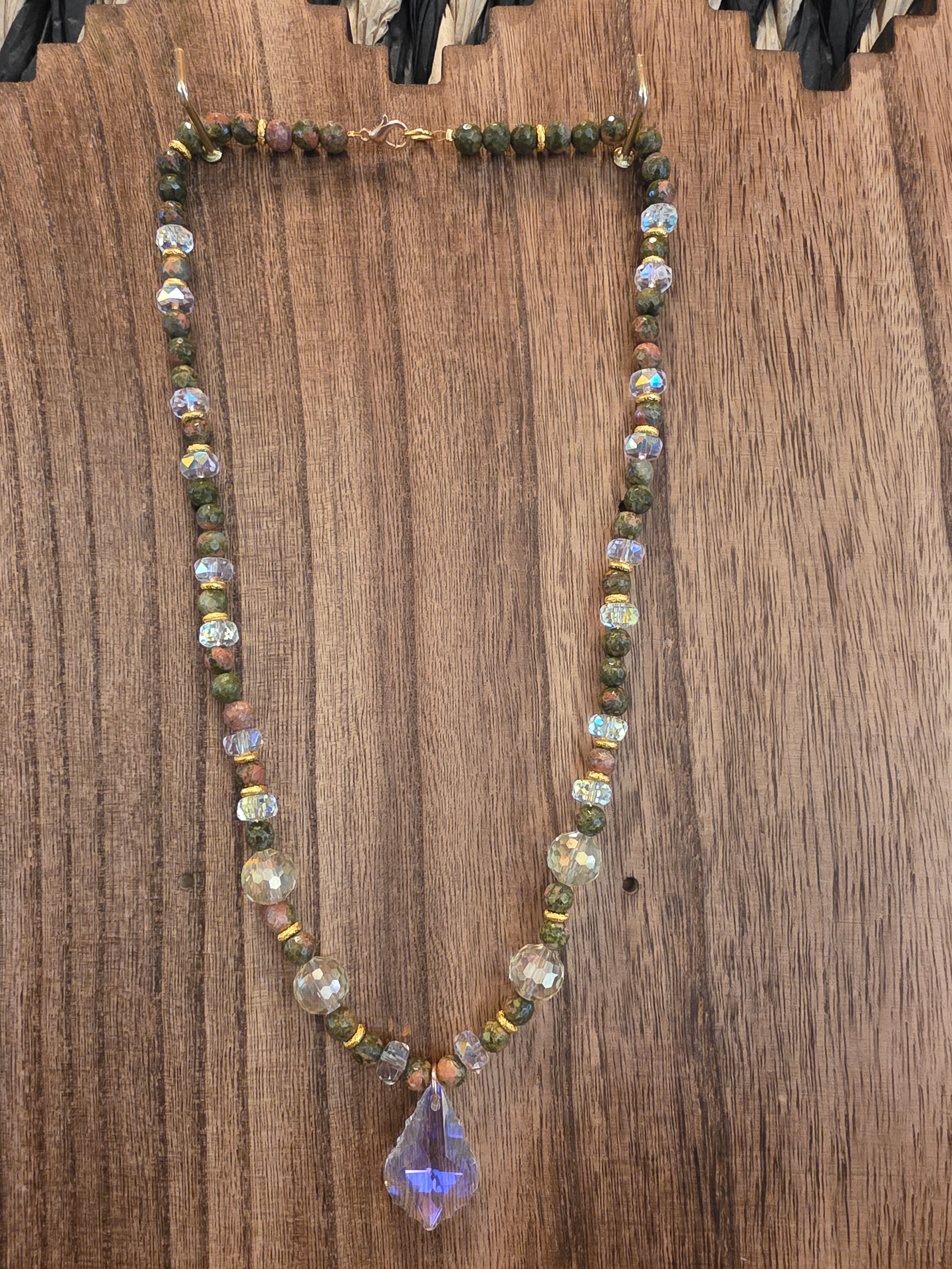 Faceted Unakite & Swarovski Crystal Pendant Necklace 21" Gold