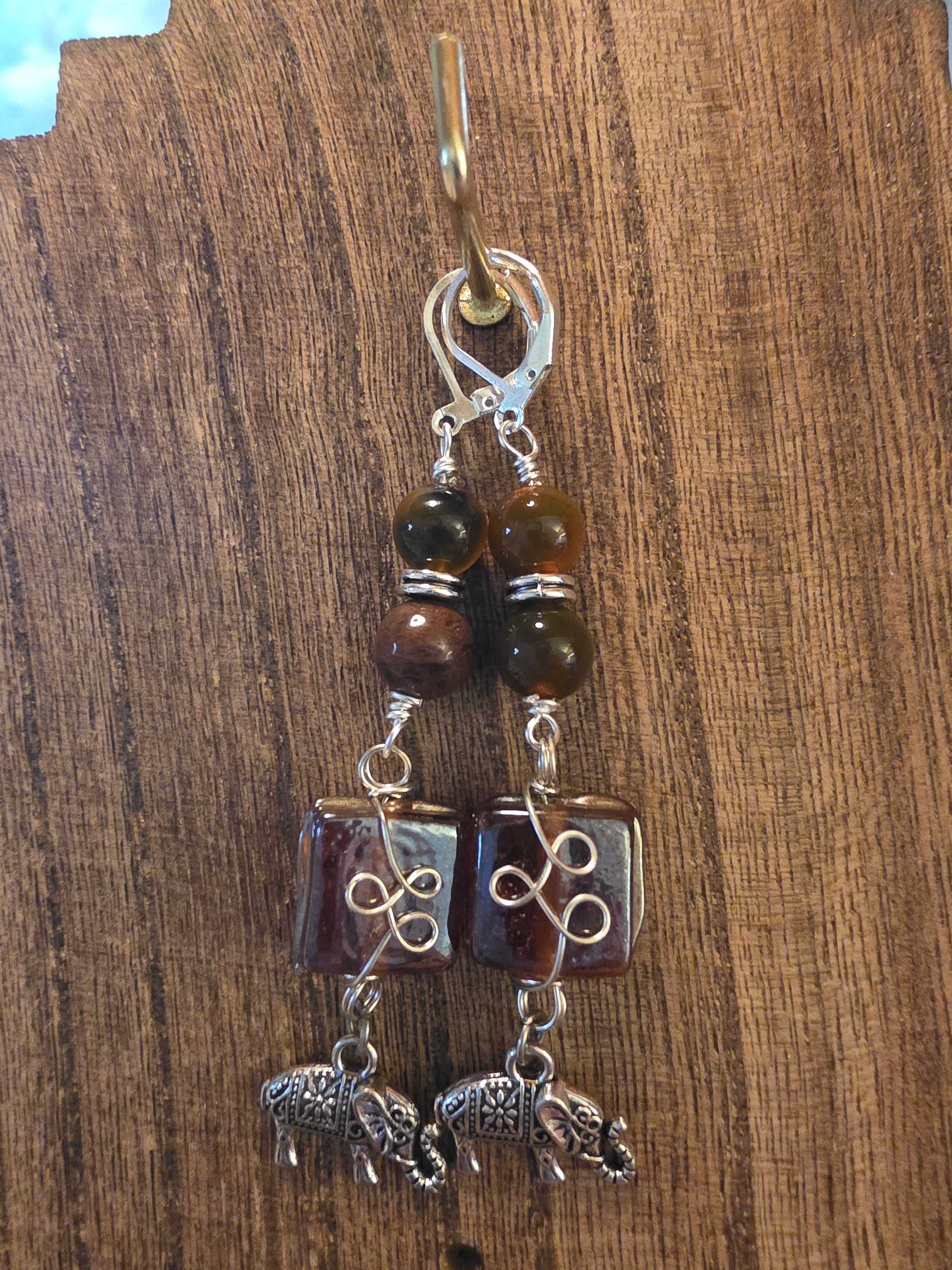 Boho Elephant Gemstone Dangle Earrings Wire Wrapped Glass