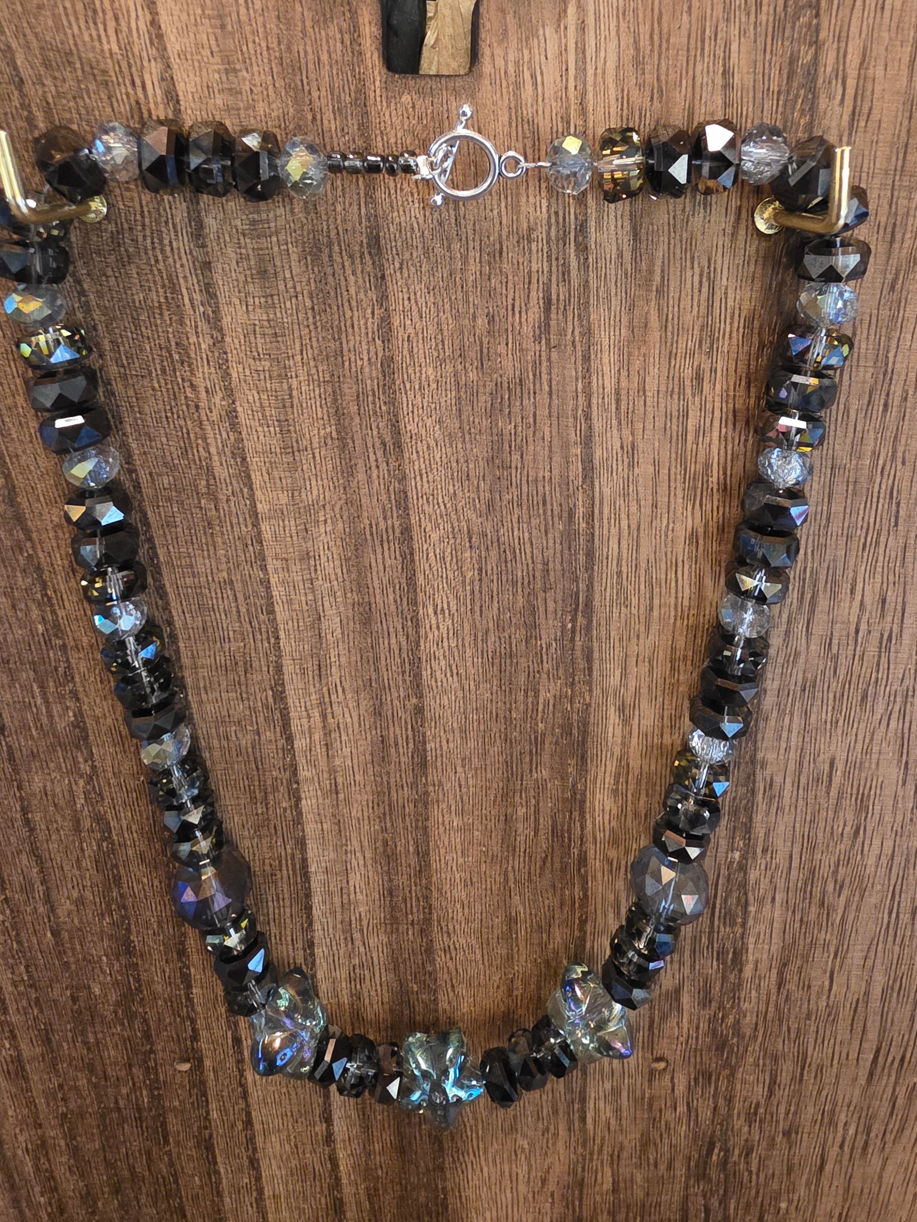 19" Smokey Grey Faceted Crystal Necklace Iridescent Star Beads