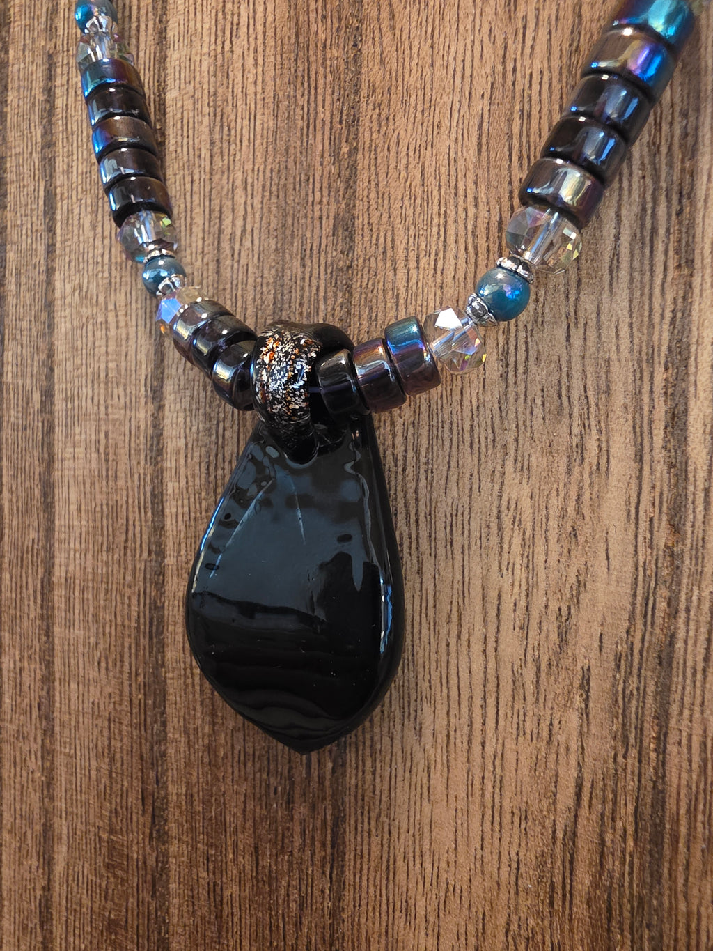 Dichroic Art Glass Pendant Necklace Purple AB Heshi Beads 19"