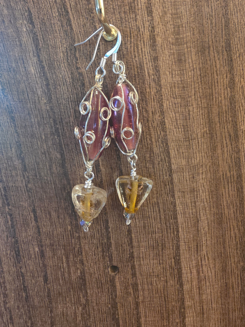 Vintage India Glass Wire Wrapped Statement Dangle Earrings