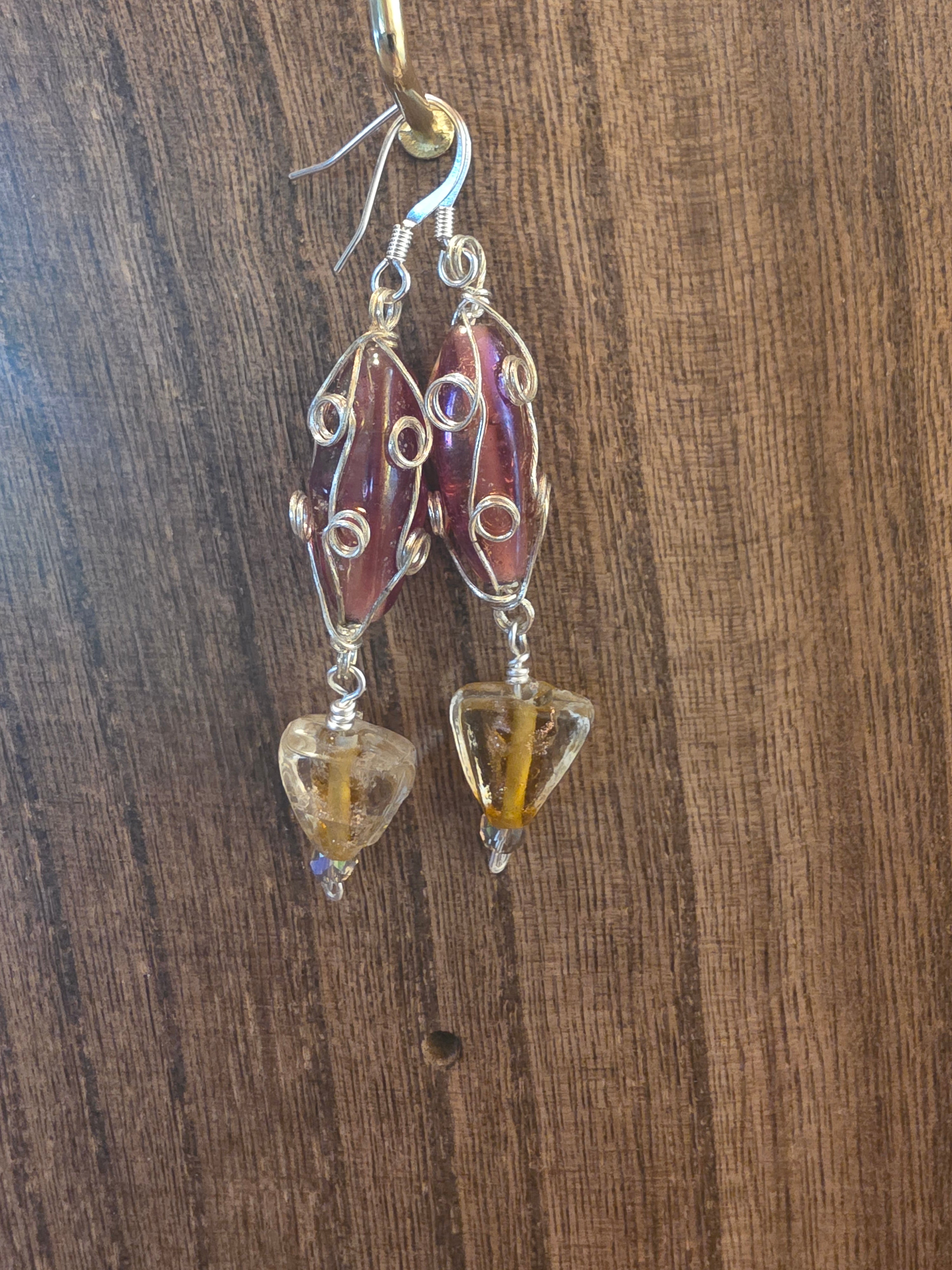 Vintage India Glass Wire Wrapped Statement Dangle Earrings