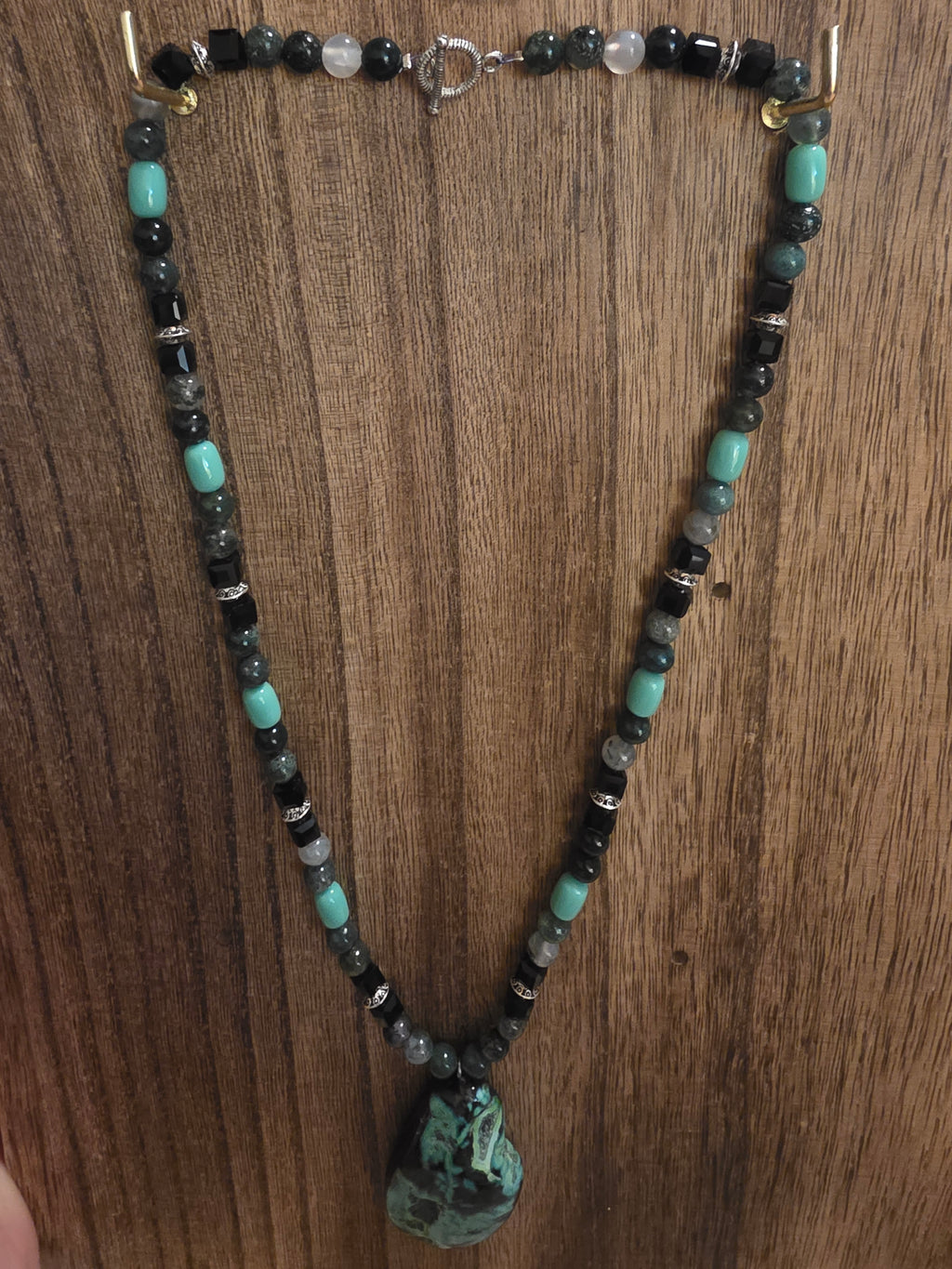 Moss Agate & Druzy Orca Agate Pendant Necklace 21"