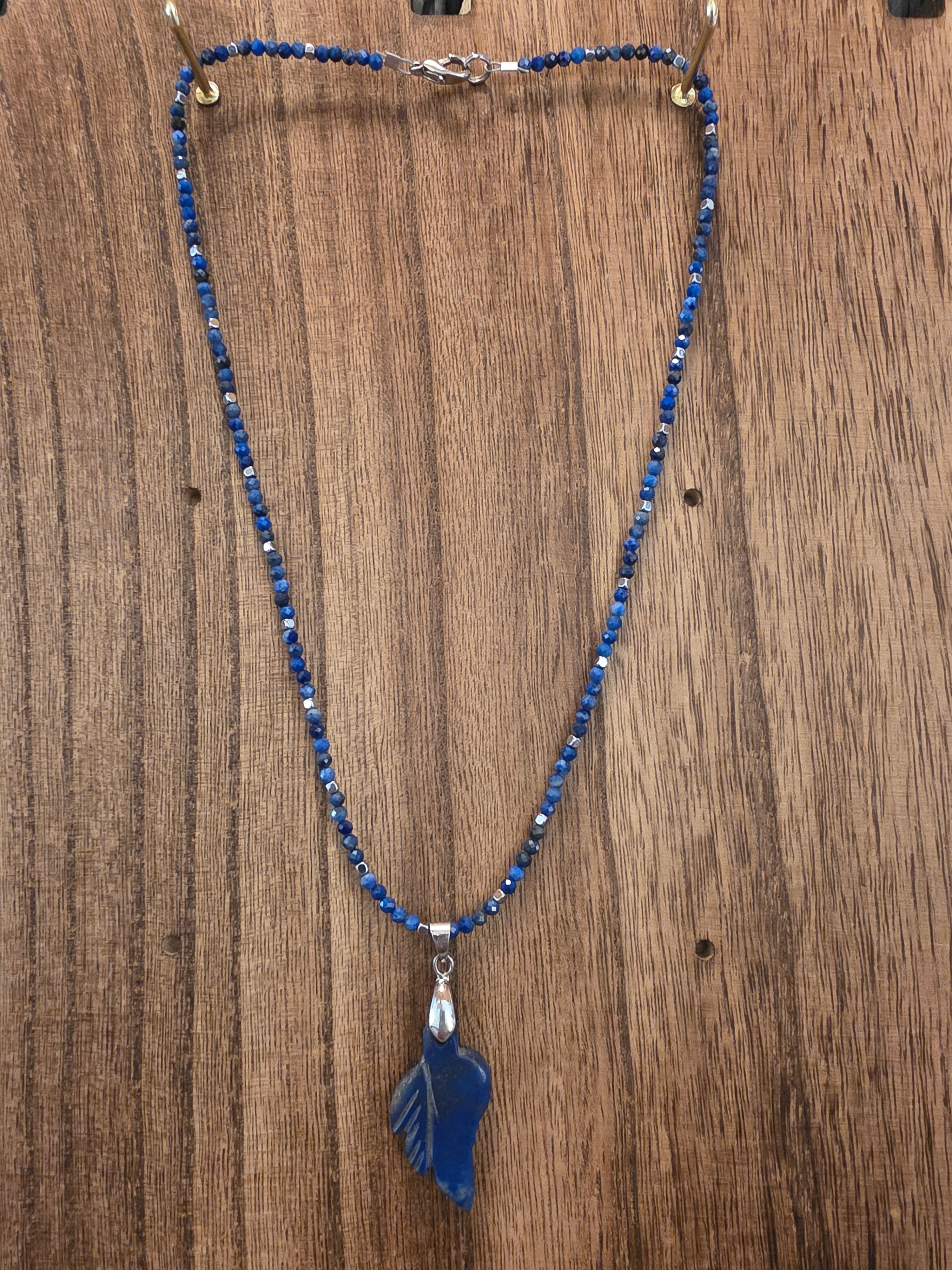 Lapis Lazuli Faceted Bead Necklace Carved Leaf Pendant 18"