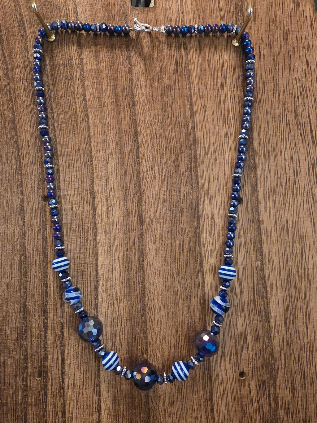 Cobalt Blue Iridescent Crystal & Striped Glass Beaded Necklace 19"