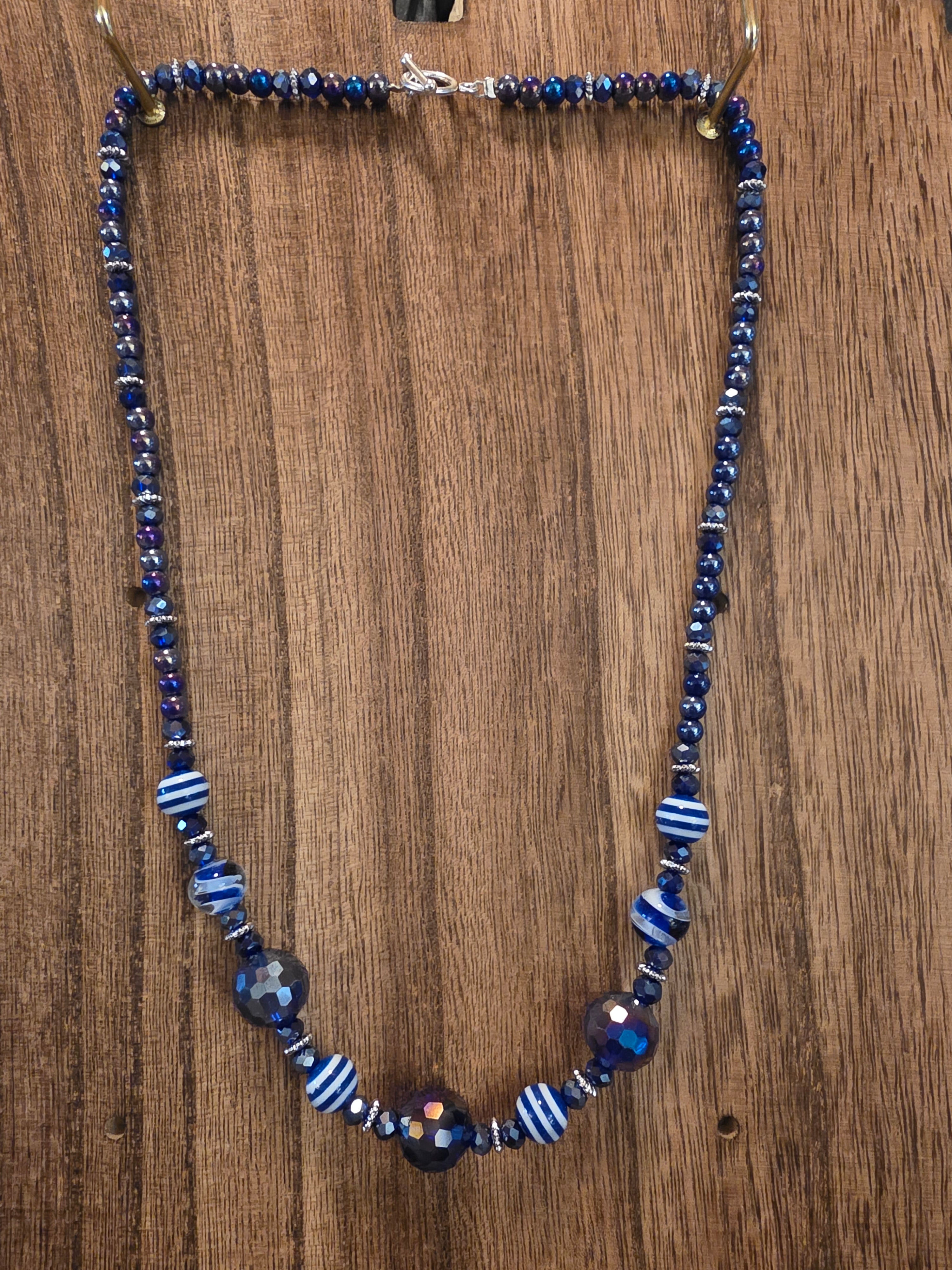 Cobalt Blue Iridescent Crystal & Striped Glass Beaded Necklace 19"