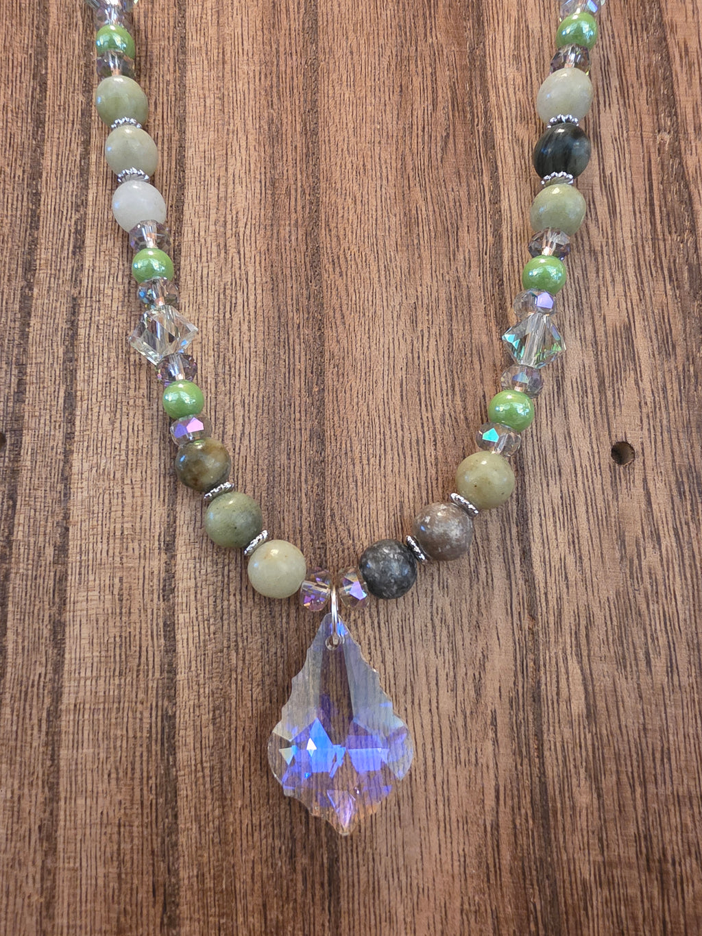 Swarovski Crystal Pendant Necklace Green Jasper & AB Beads 20"