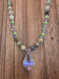 Swarovski Crystal Pendant Necklace Green Jasper & AB Beads 20"