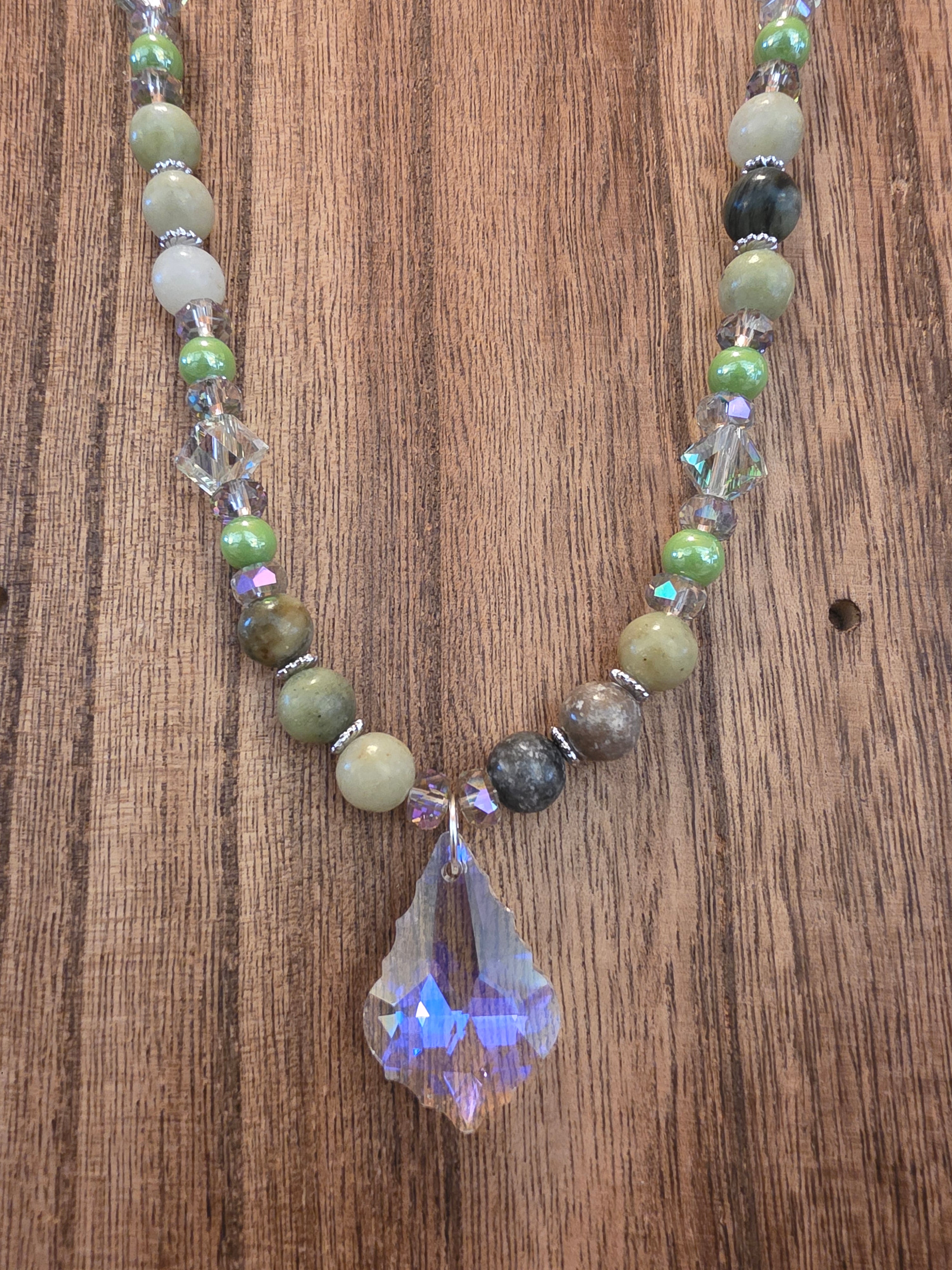 Swarovski Crystal Pendant Necklace Green Jasper & AB Beads 20"