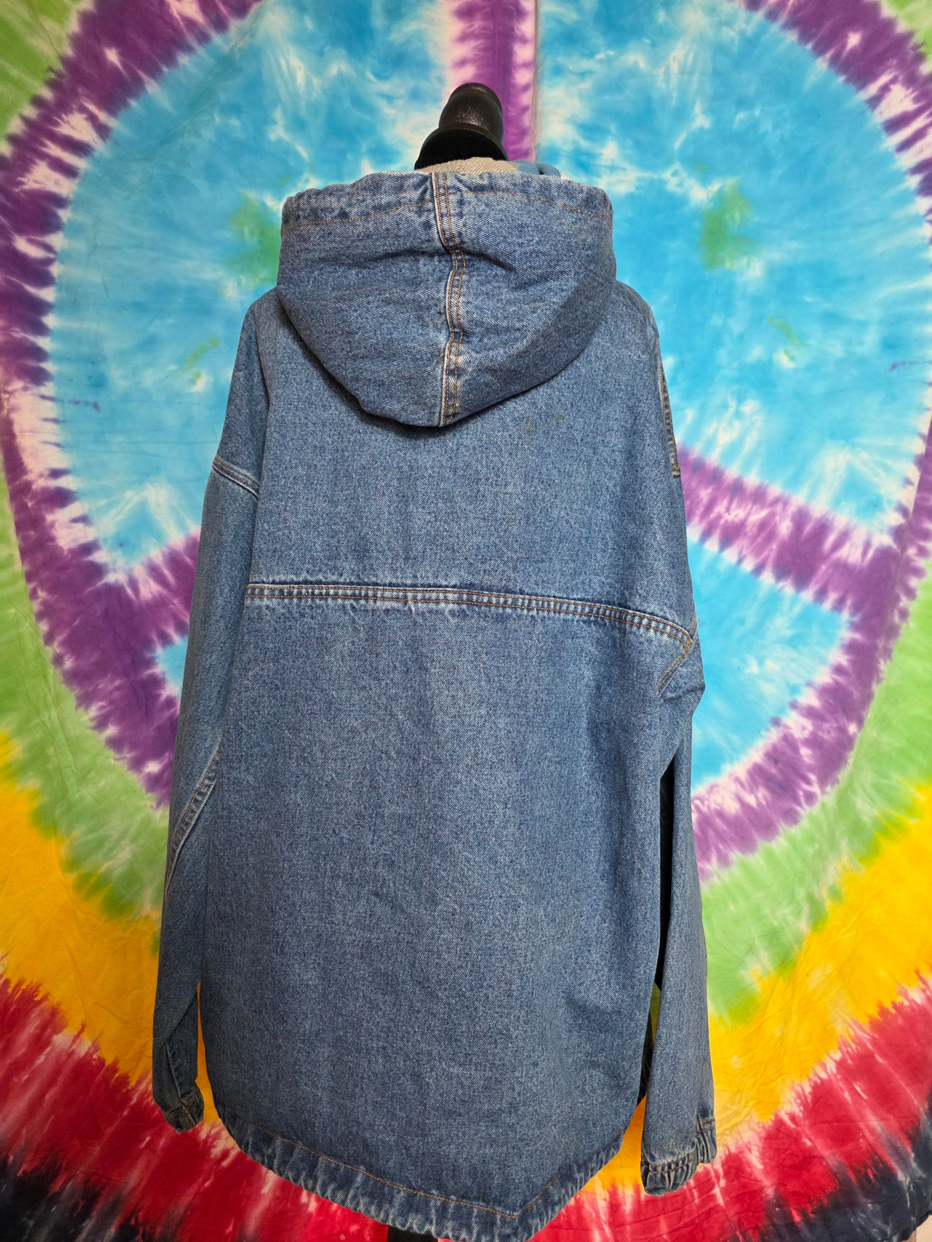 Vtg 90s No Fear Denim Anorak Jacket Medium Flannel Lined Hood
