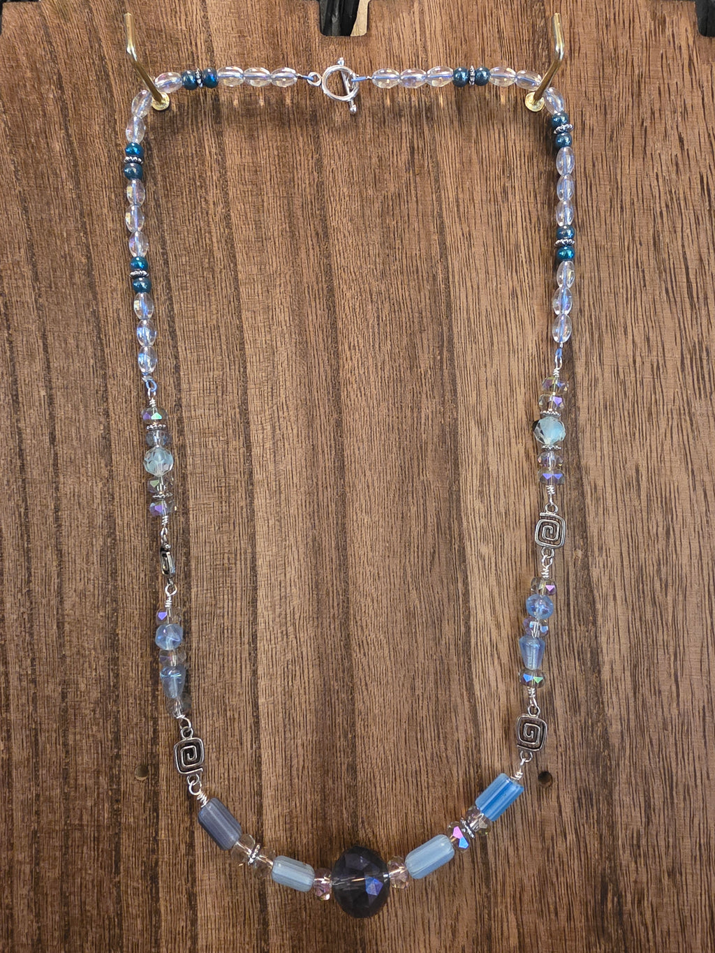 21" Blue Glass Maze Bead Crystal Necklace Boho Silver Tone Clasp