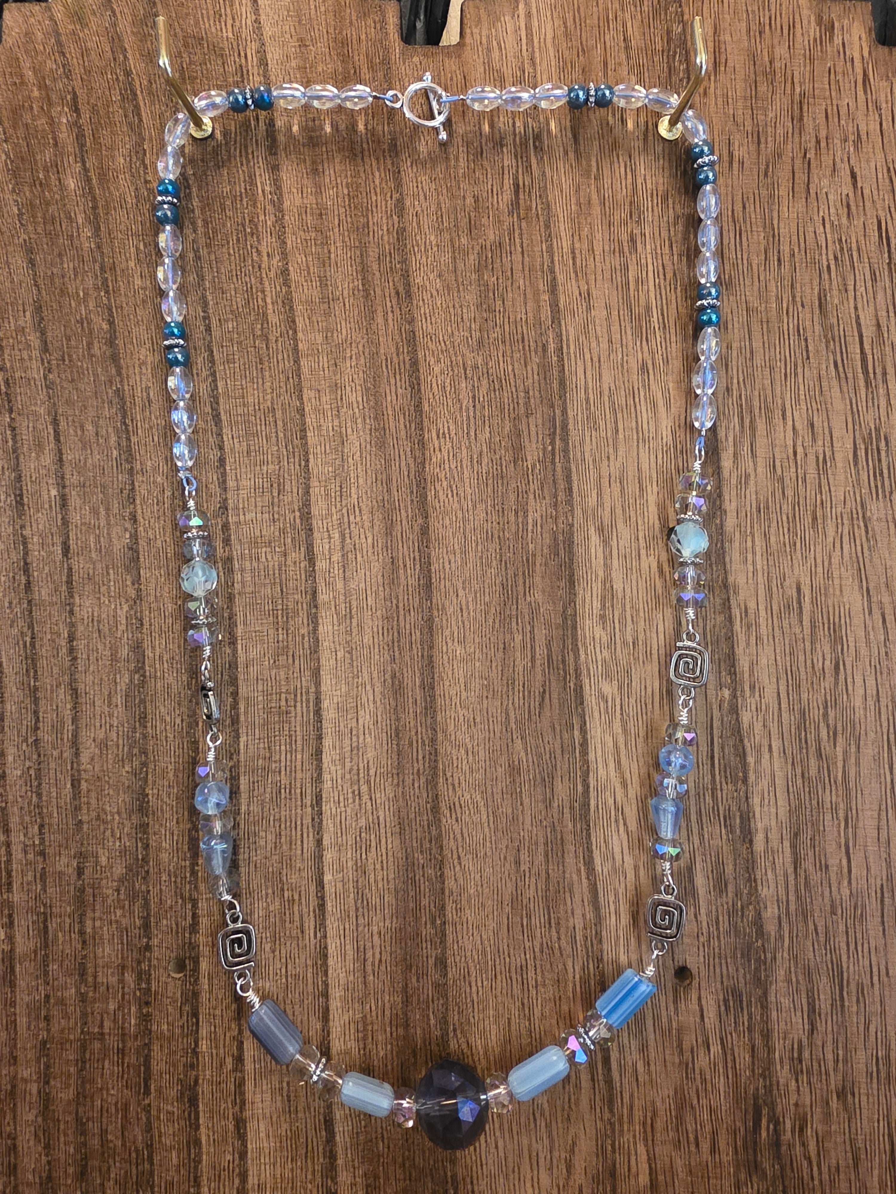 21" Blue Glass Maze Bead Crystal Necklace Boho Silver Tone Clasp