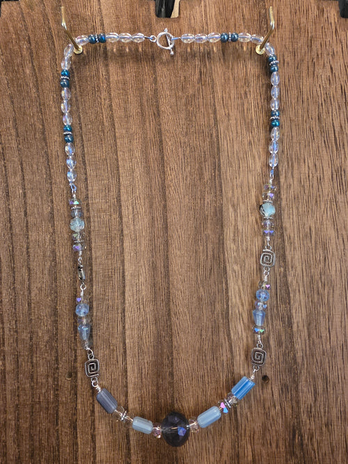 21" Blue Glass Maze Bead Crystal Necklace Boho Silver Tone Clasp