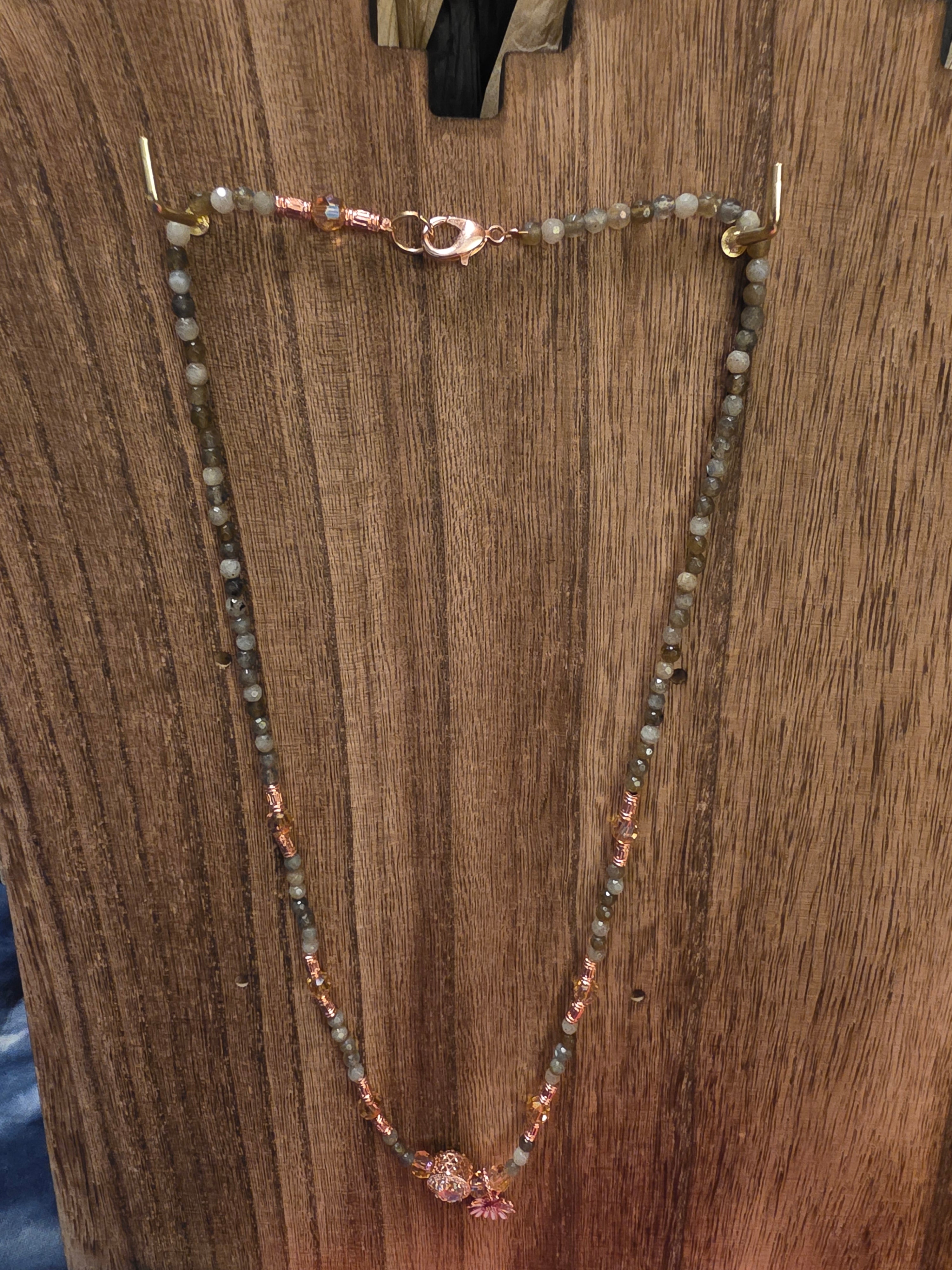 Labradorite & Rose Gold Tone Necklace with Pink Daisy Charm