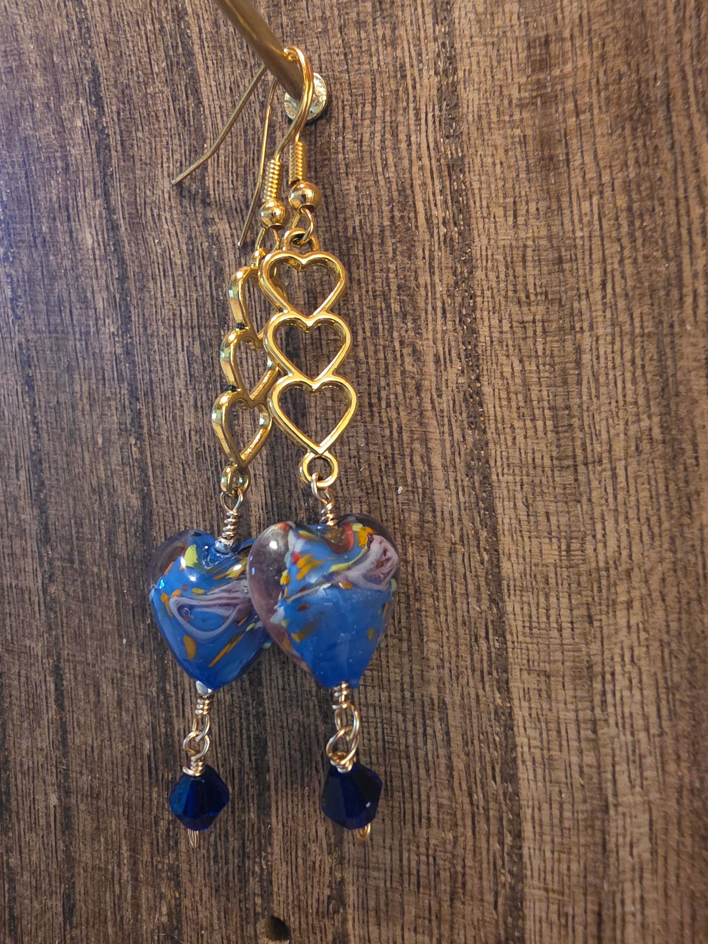 Blue Millefiori Heart & Gold Triple Heart Dangle Earrings