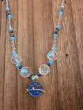21" Celestial Blue Cat Crystal Necklace Gold Stars Moon Whimsy