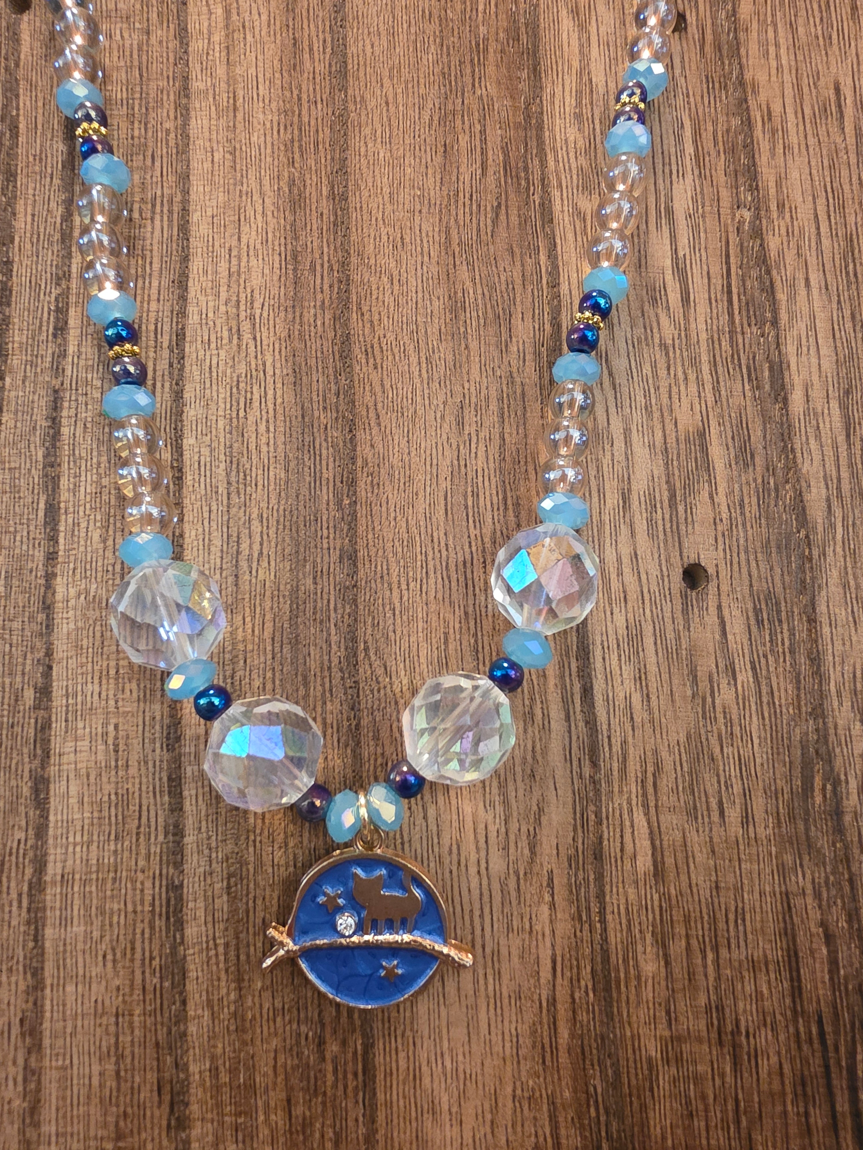 21" Celestial Blue Cat Crystal Necklace Gold Stars Moon Whimsy