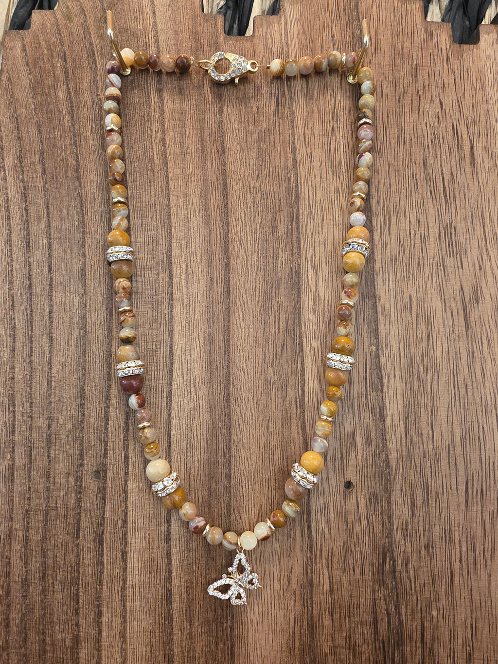 22" Banded Agate & Jasper Necklace Butterfly Pendant Sparkle