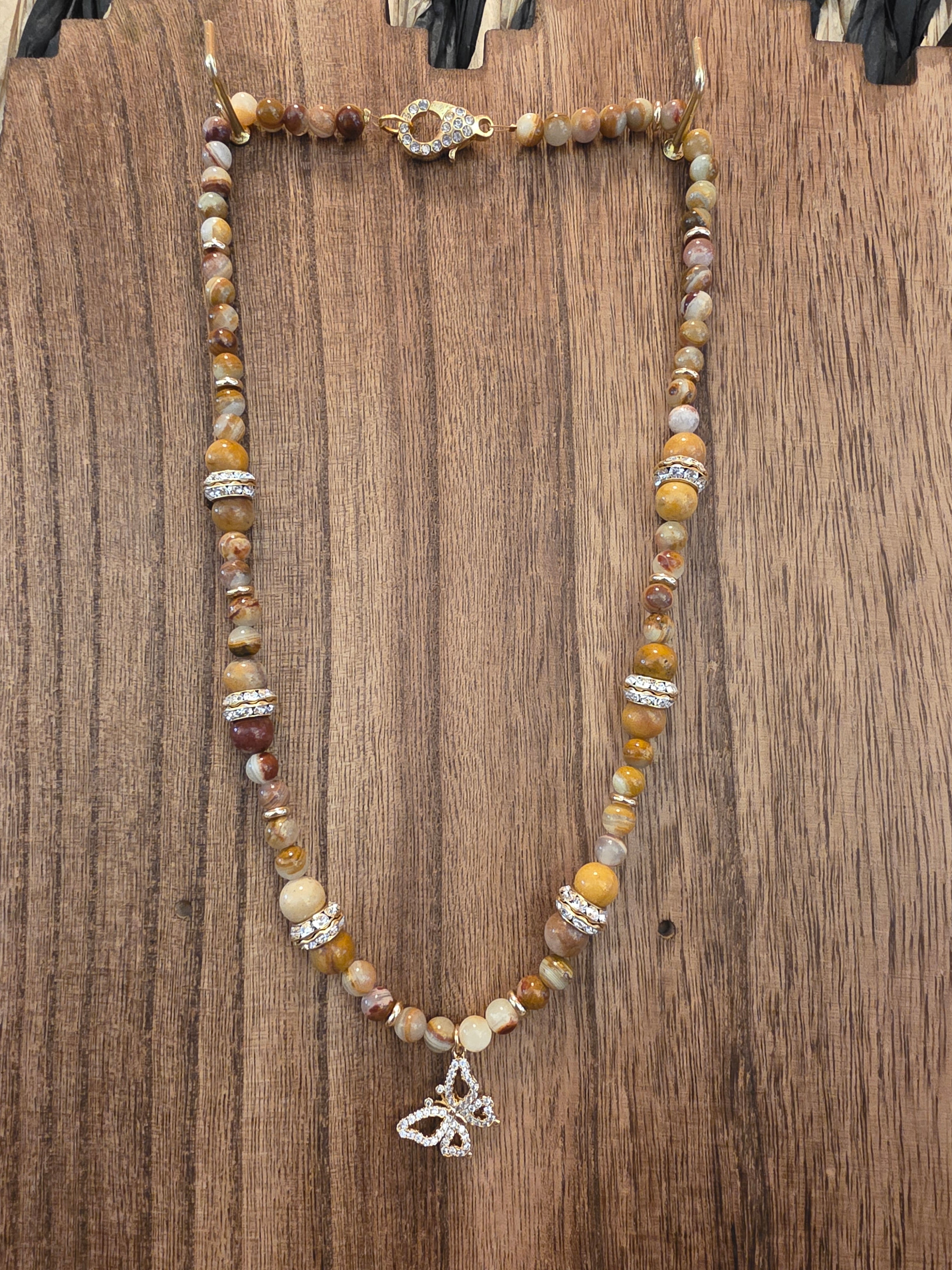 22" Banded Agate & Jasper Necklace Butterfly Pendant Sparkle