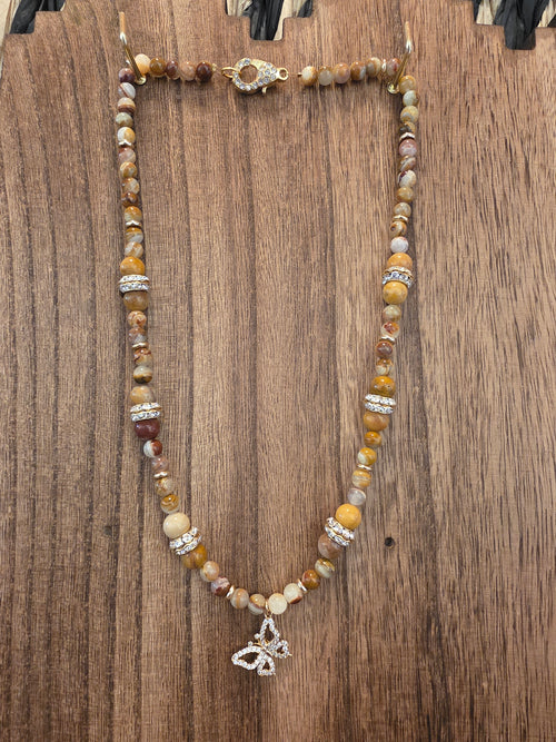 22" Banded Agate & Jasper Necklace Butterfly Pendant Sparkle