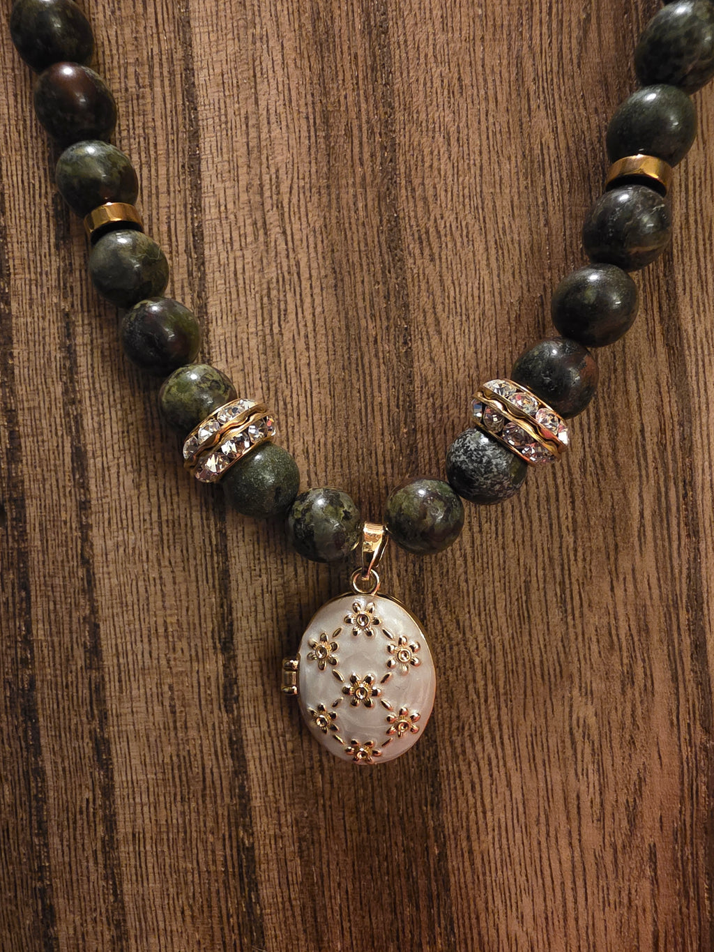 17" Green Epidote Necklace + 2" Ext w/ Floral Locket