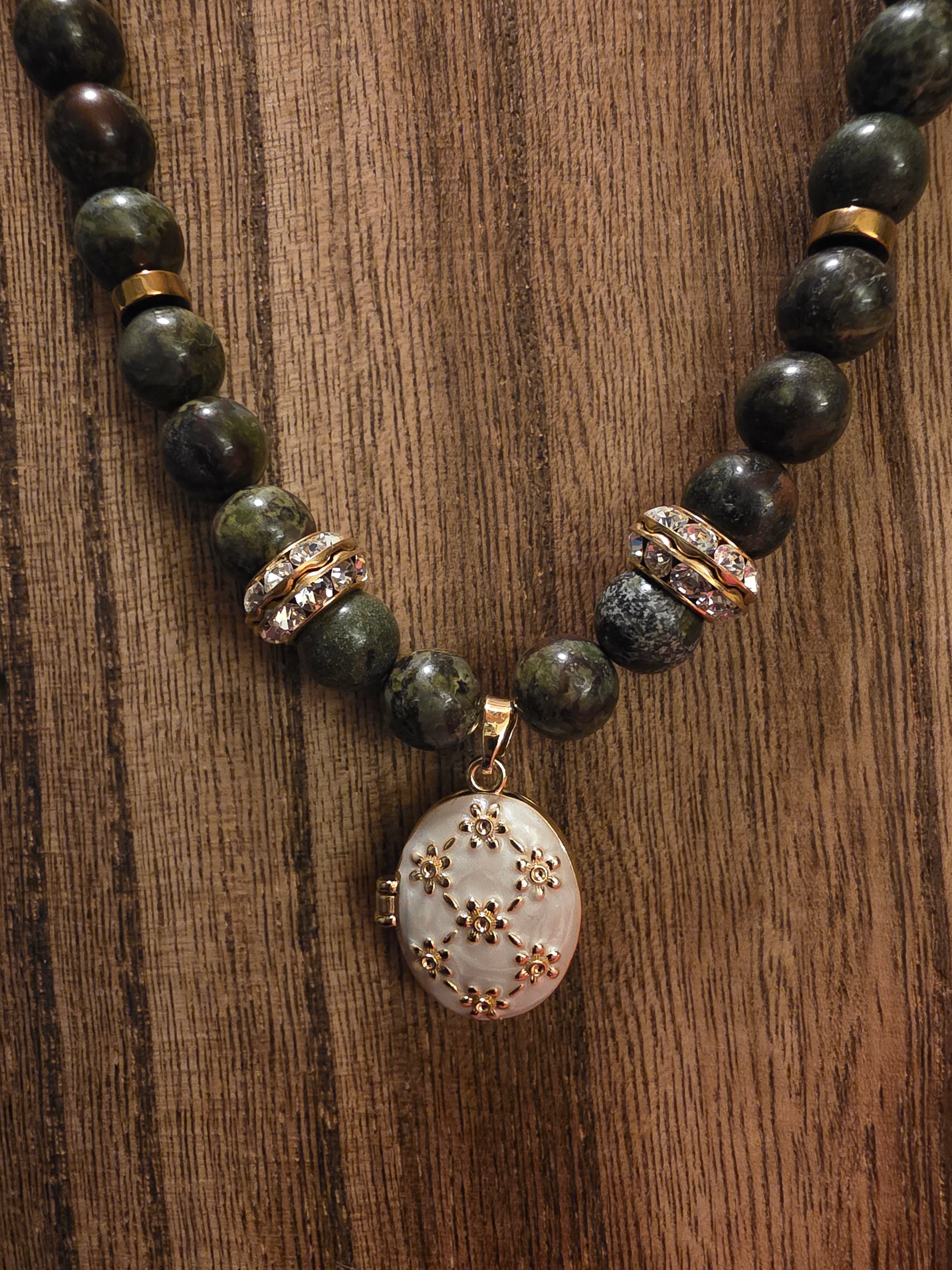 17" Green Epidote Necklace + 2" Ext w/ Floral Locket