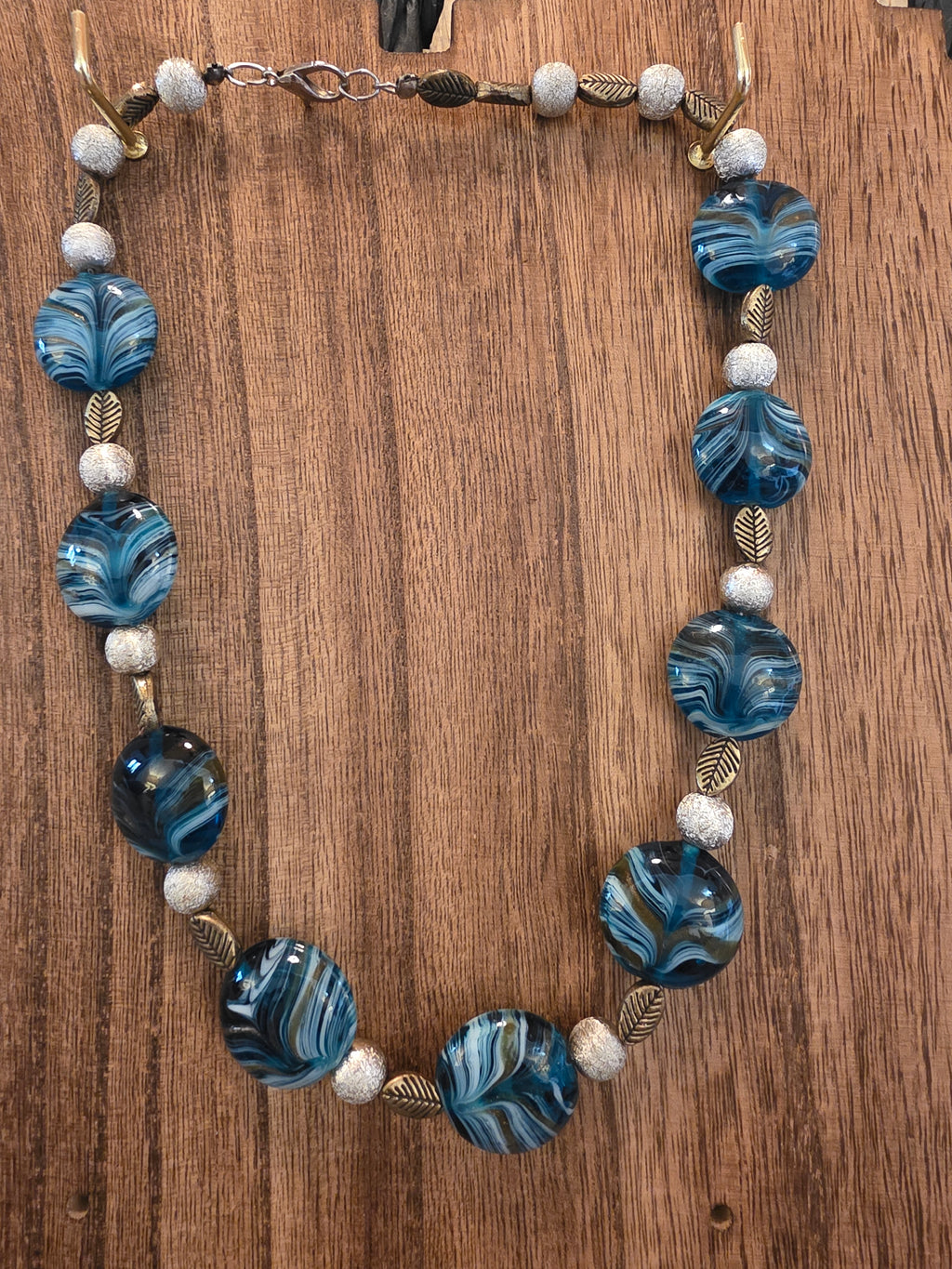 Blue Swirl Art Glass Beaded Necklace 18" Bronze Leaf Accents