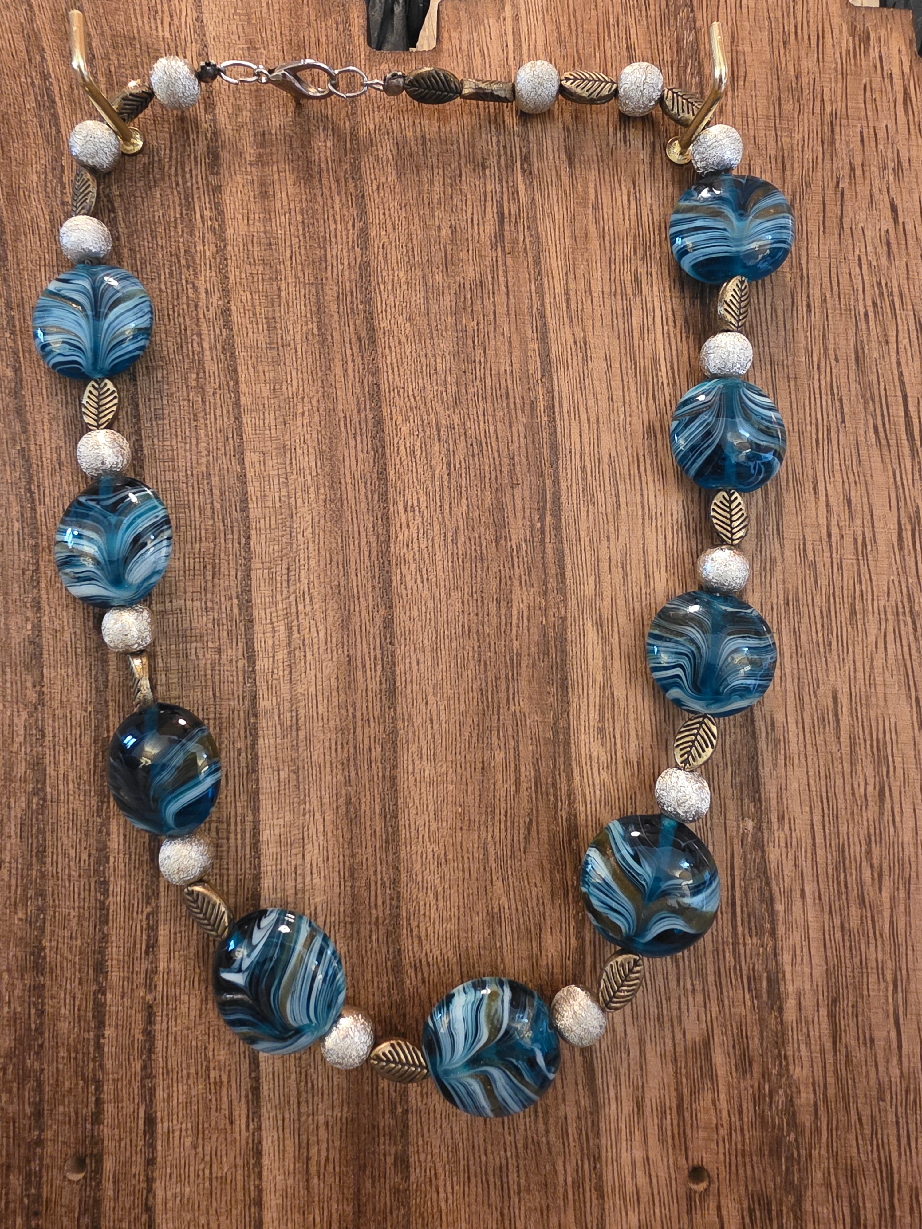 Blue Swirl Art Glass Beaded Necklace 18" Bronze Leaf Accents