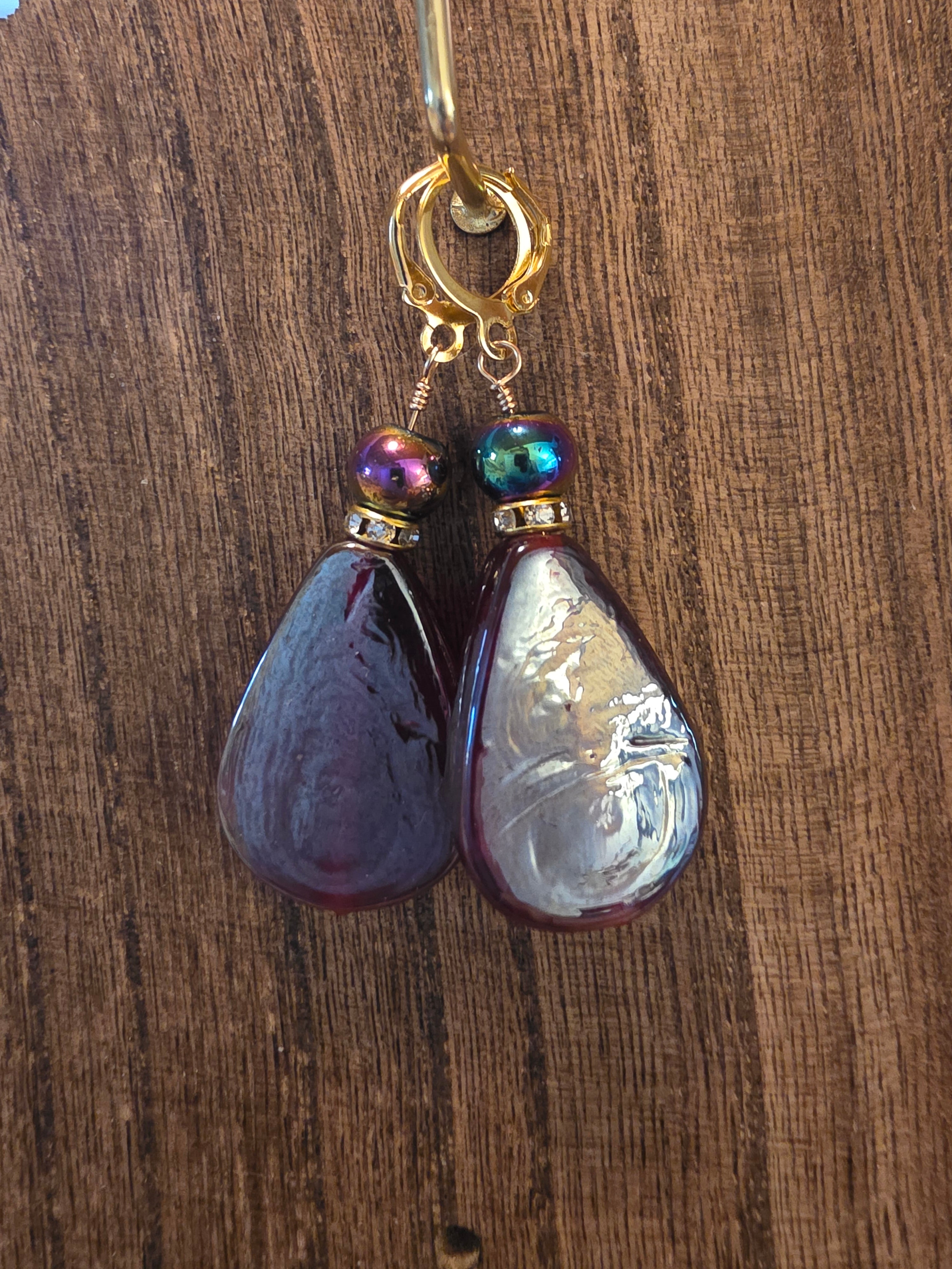 Vintage India Glass Teardrop Earrings Plated Stainless Leverback