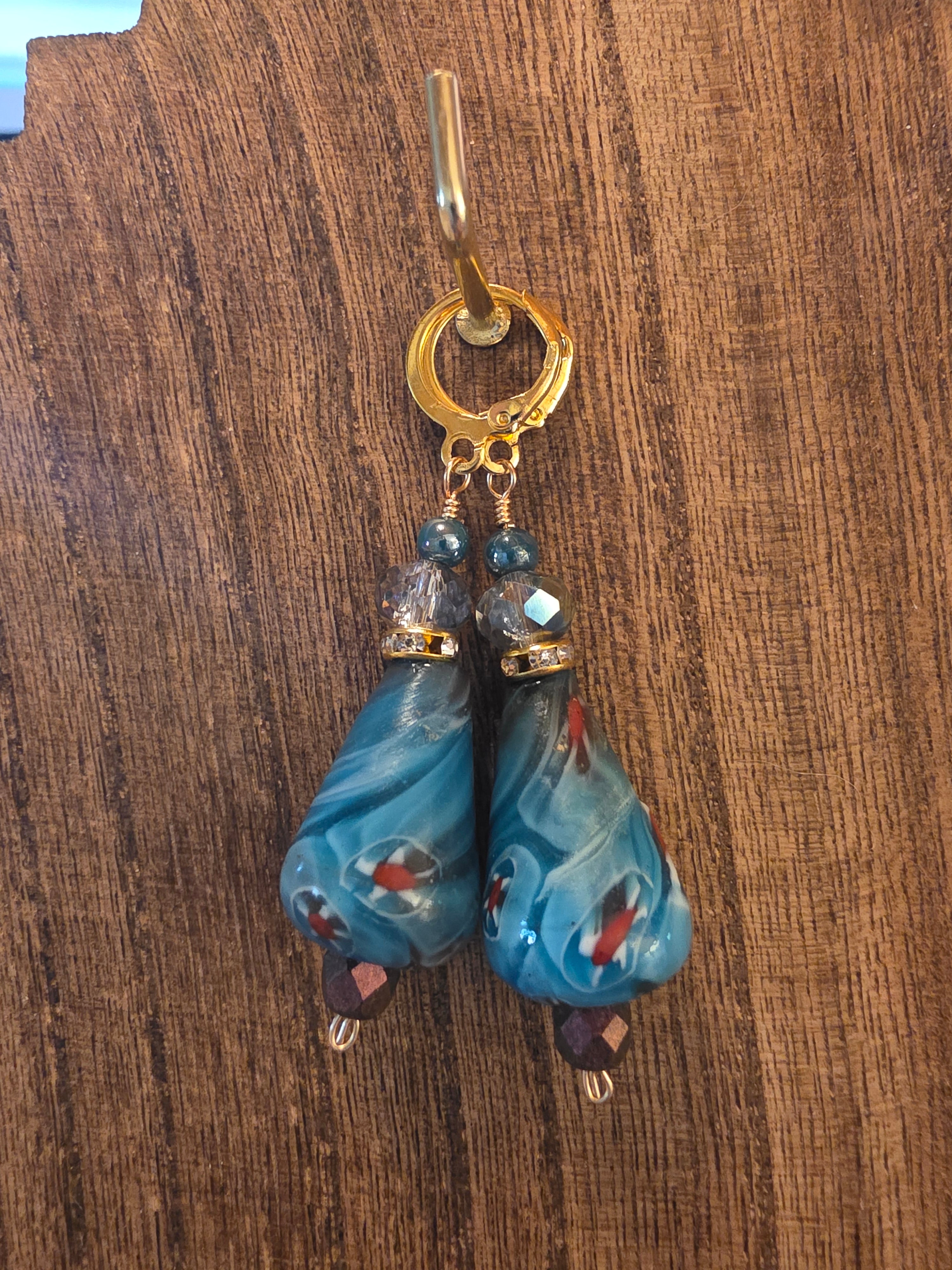 Handcrafted Millefiori Glass Blue Swirl Drop Earrings